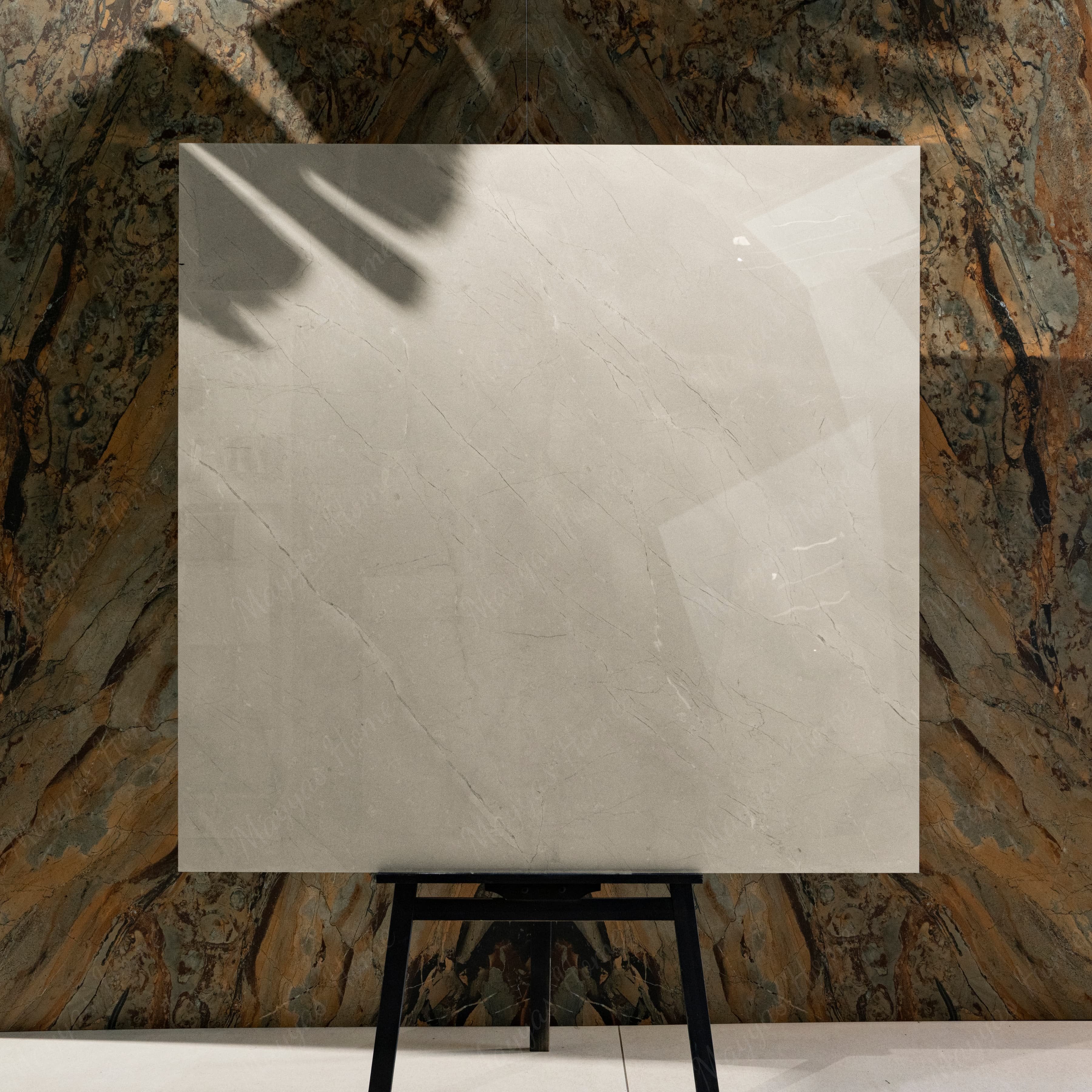 BURBERRY BIANCO – 120x120cm glossy porcelain tile with a soft white marble look. Premium large format surface for sophisticated modern interiors.