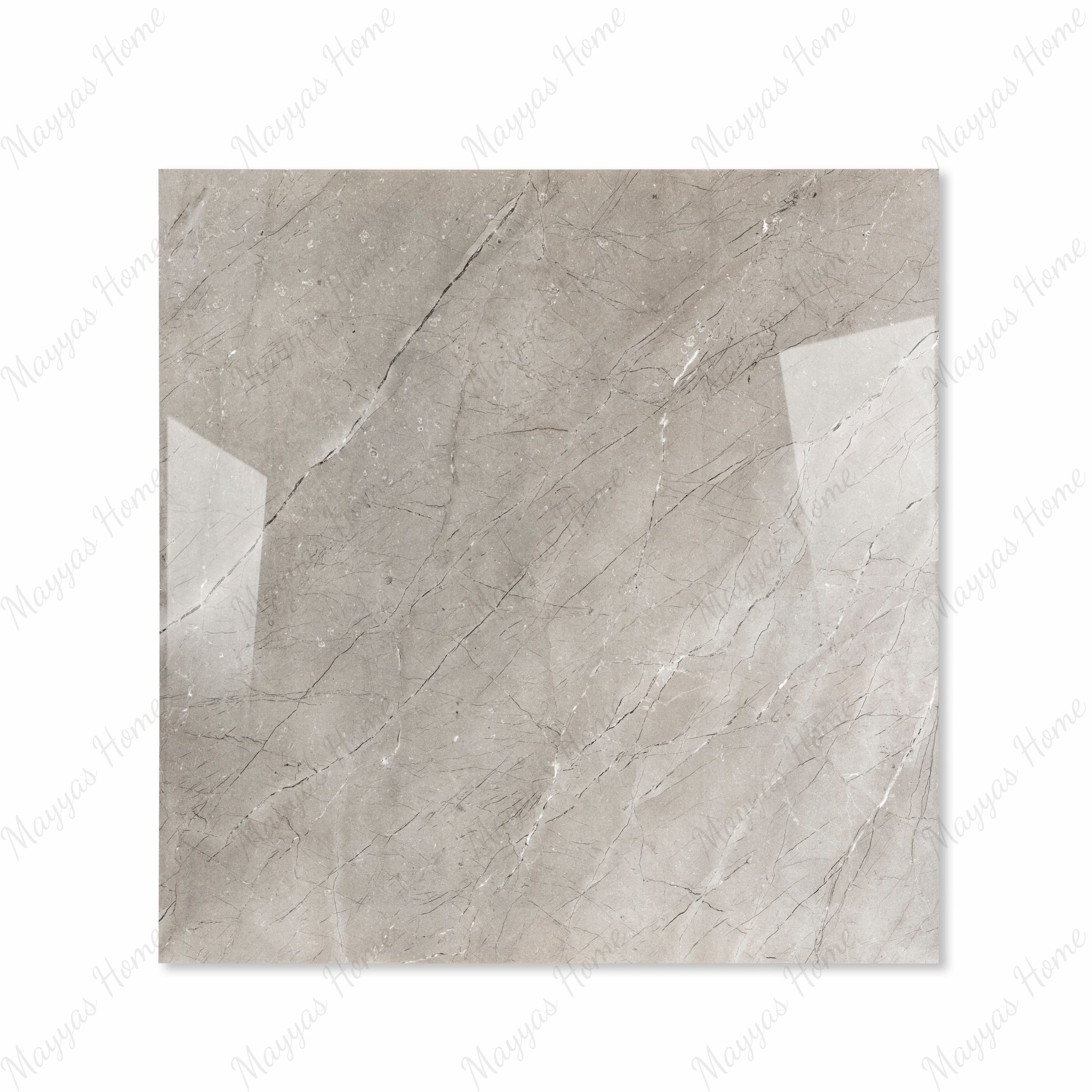 Burberry Grey glossy porcelain tile 120x120cm displayed on easel against luxury marble backdrop for UAE interior design