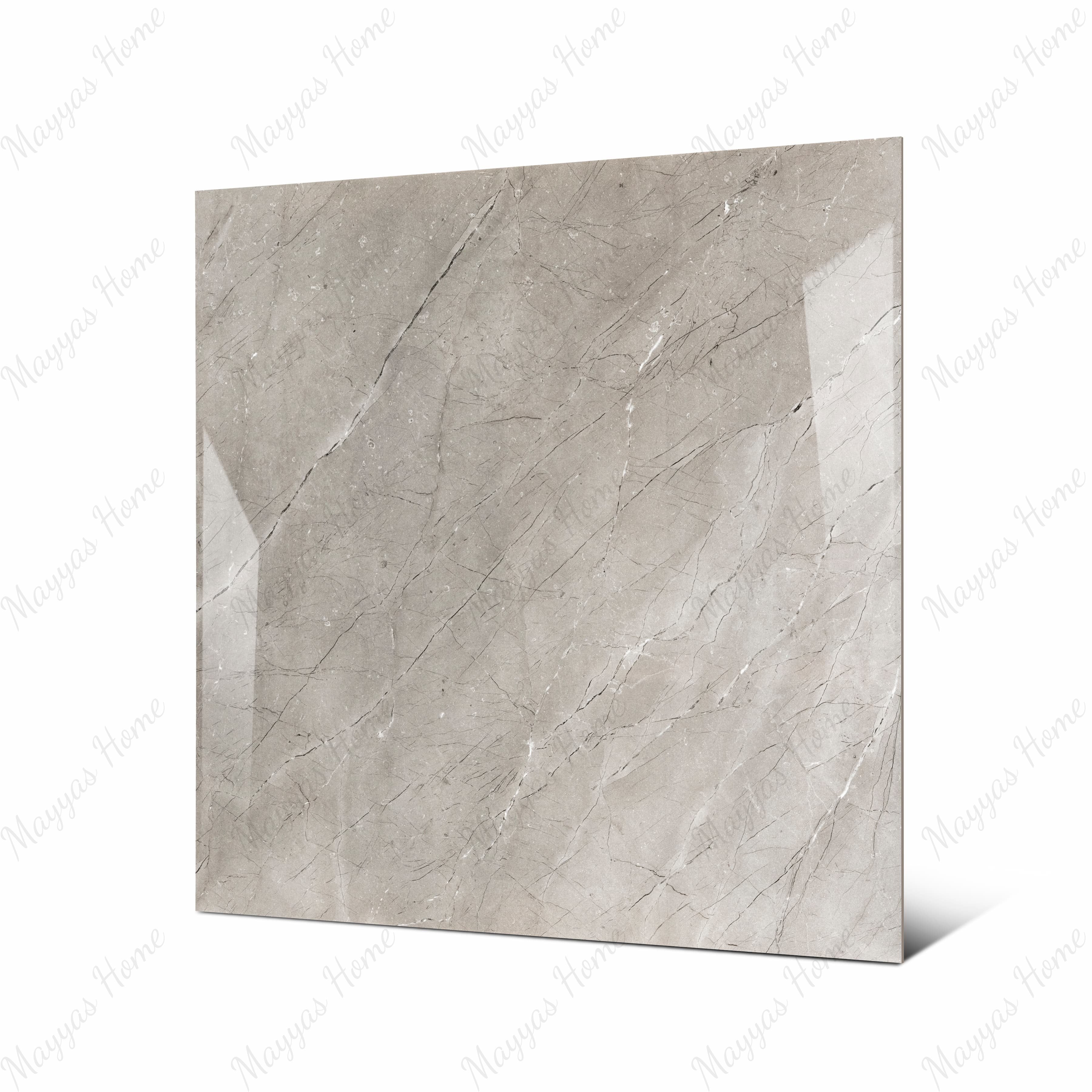 Burberry Grey large format porcelain tile angled view highlighting polished pietra grey marble finish, natural veining, and rectified edges