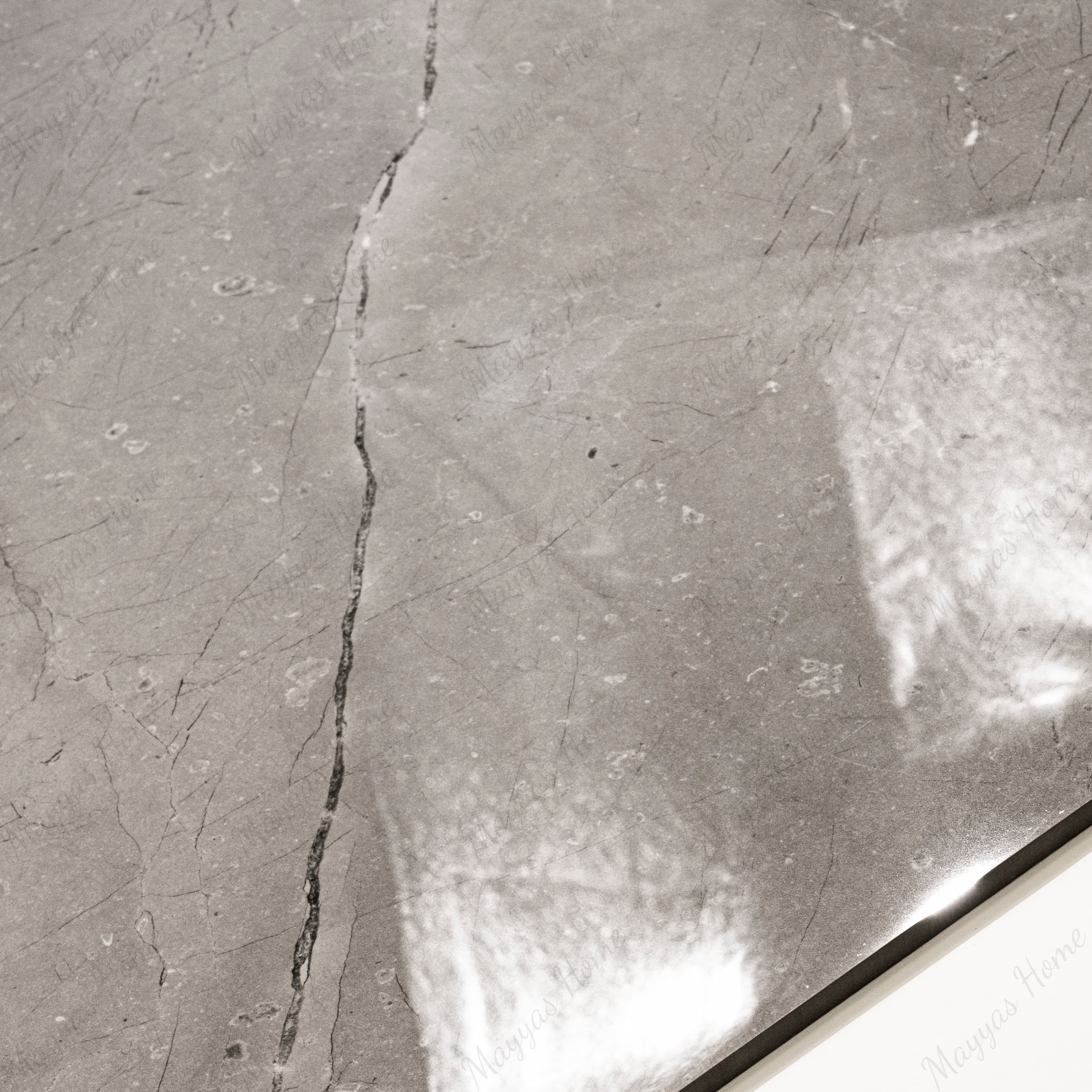 Close-up of Burberry Grey glossy porcelain tile showing mirror-polished marble surface with delicate black vein detail and 9mm thickness