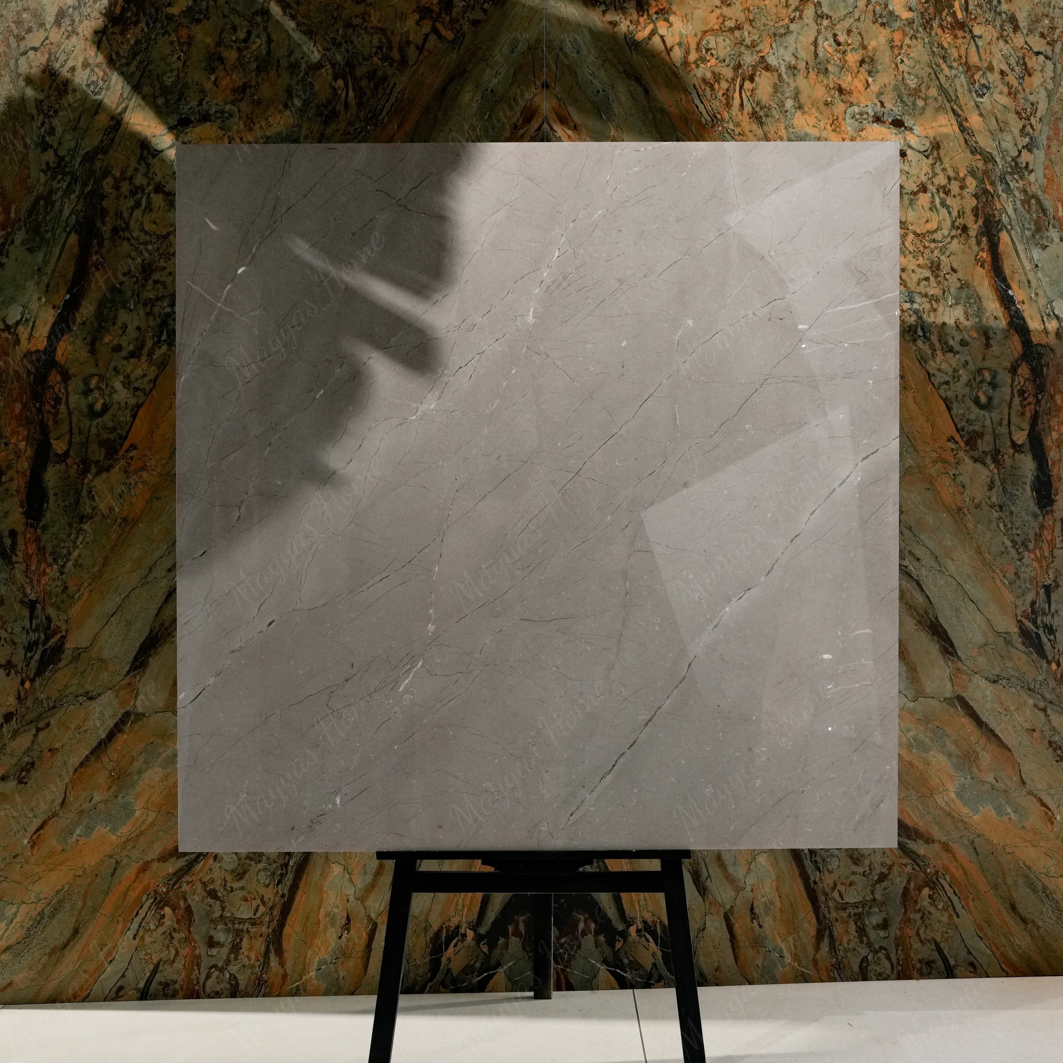 Burberry Grey 120x120cm glossy porcelain tile flat view showing warm grey marble surface with fine dark veining