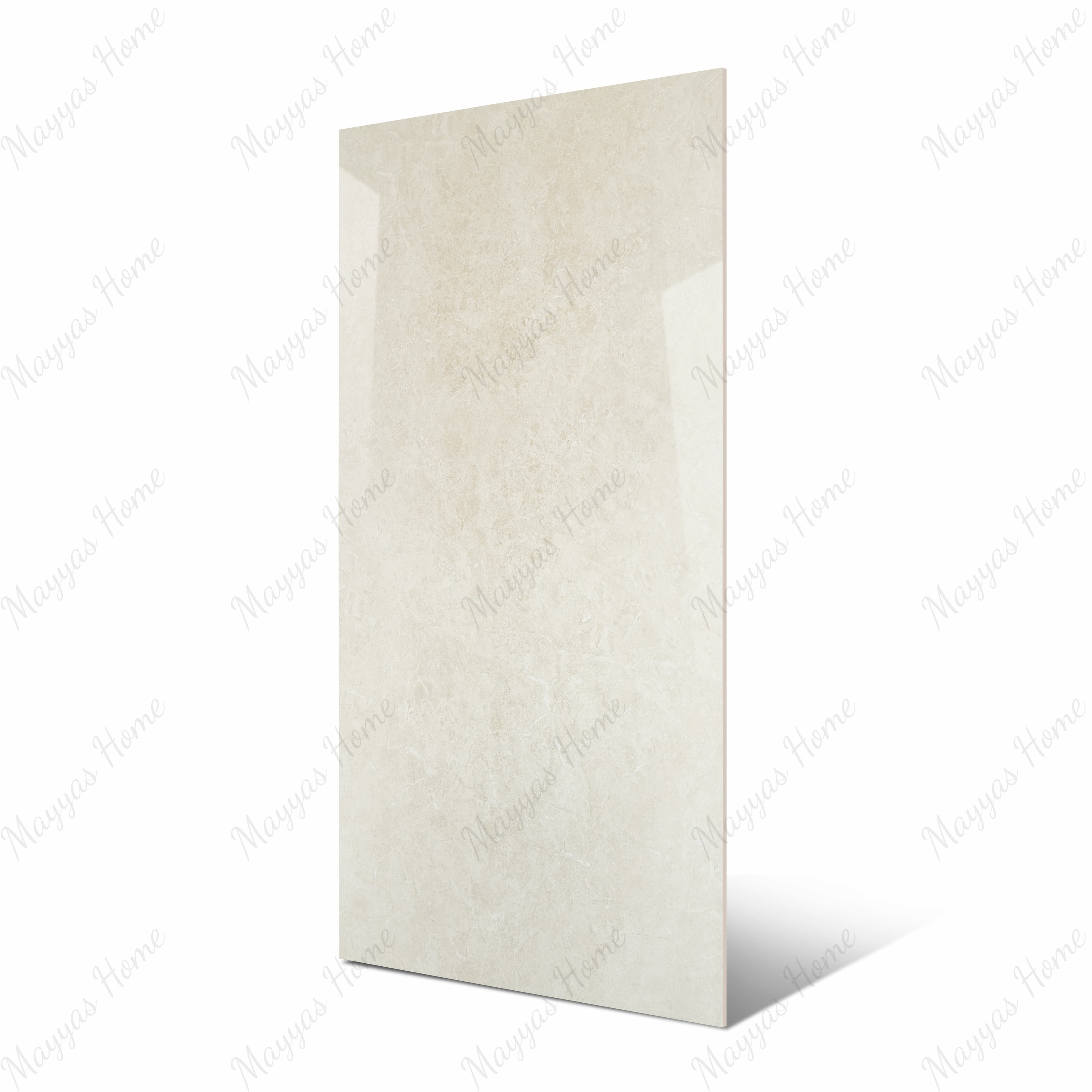 Bulgari Crema large format porcelain slab angled view highlighting smooth polished cream finish, subtle tonal variation, and rectified edges