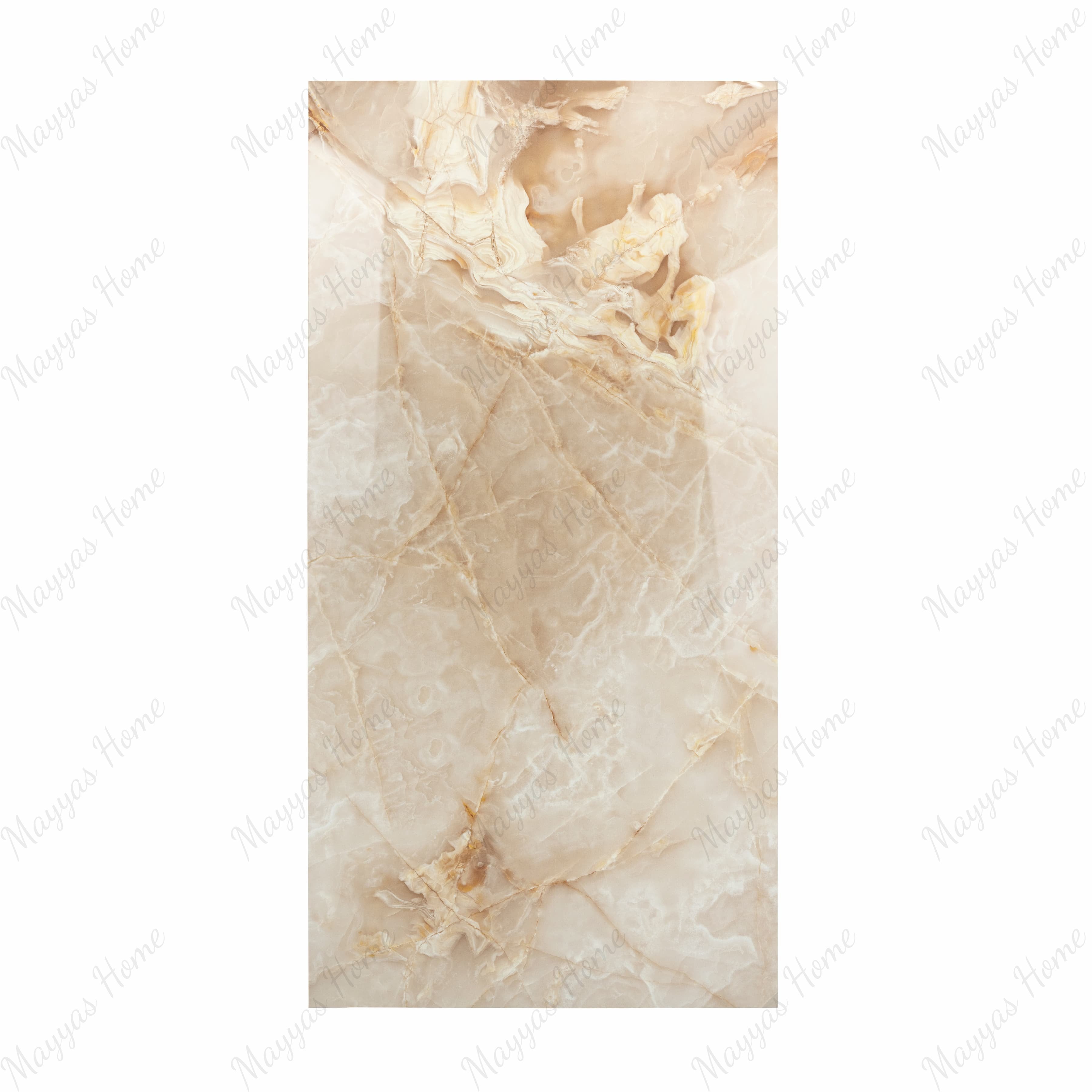 Bluette Onyx Red porcelain slab displayed on easel against luxury backdrop showing translucent cream onyx with warm amber swirls for UAE interior design