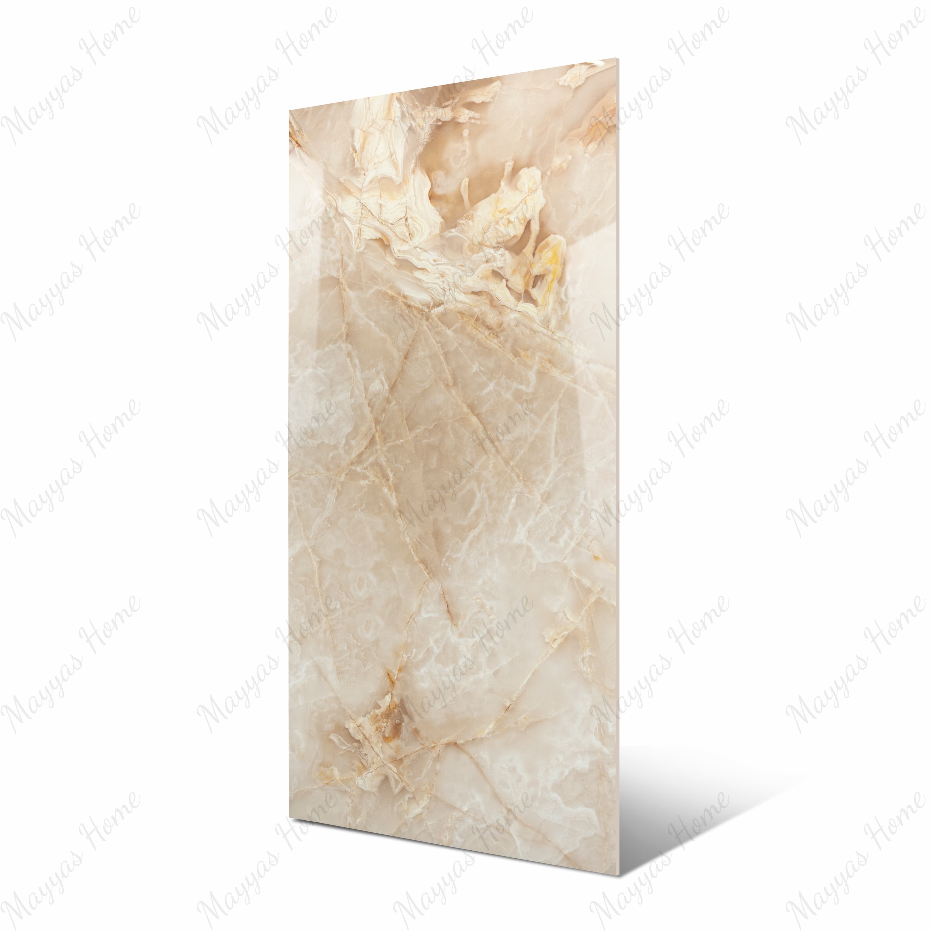 Bluette Onyx Red large format porcelain slab angled view highlighting glossy onyx finish, warm cream and gold flowing patterns, and rectified edges