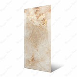 Bluette Onyx Red large format porcelain slab angled view highlighting glossy onyx finish, warm cream and gold flowing patterns, and rectified edges