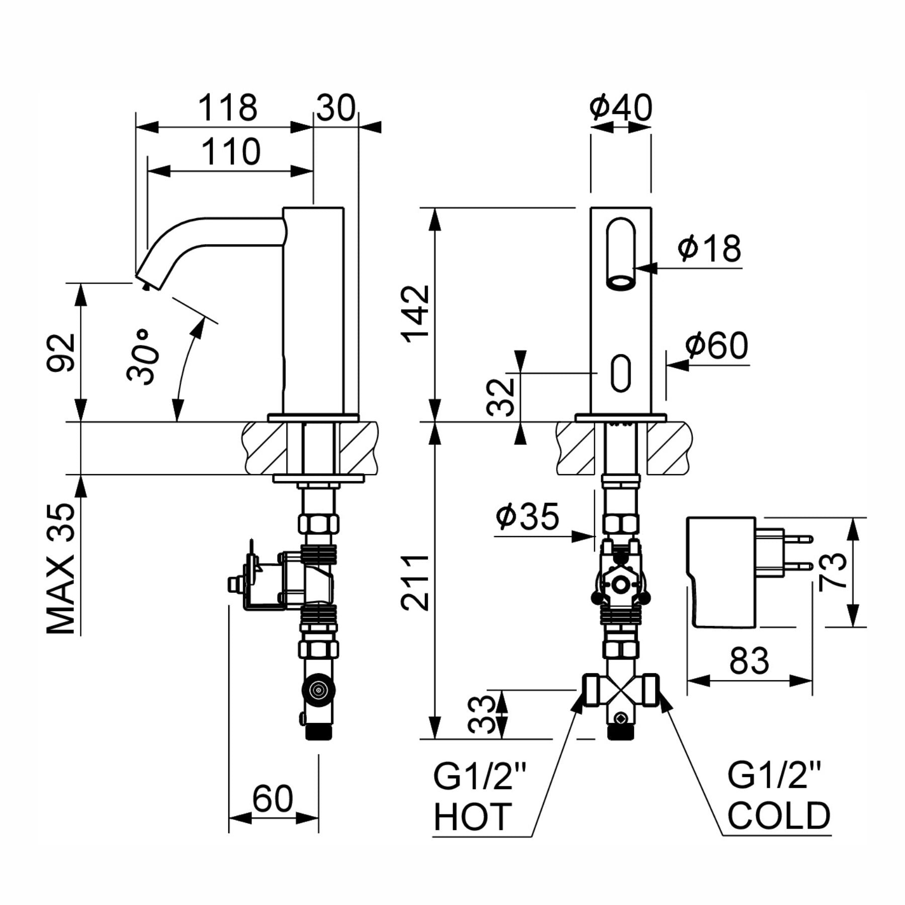 703502 electronic pre-mixed washbasin tap with mains-powered operation, above-counter installation, G 1/2” threaded connection, and adjustable flow limiter for efficient water control.