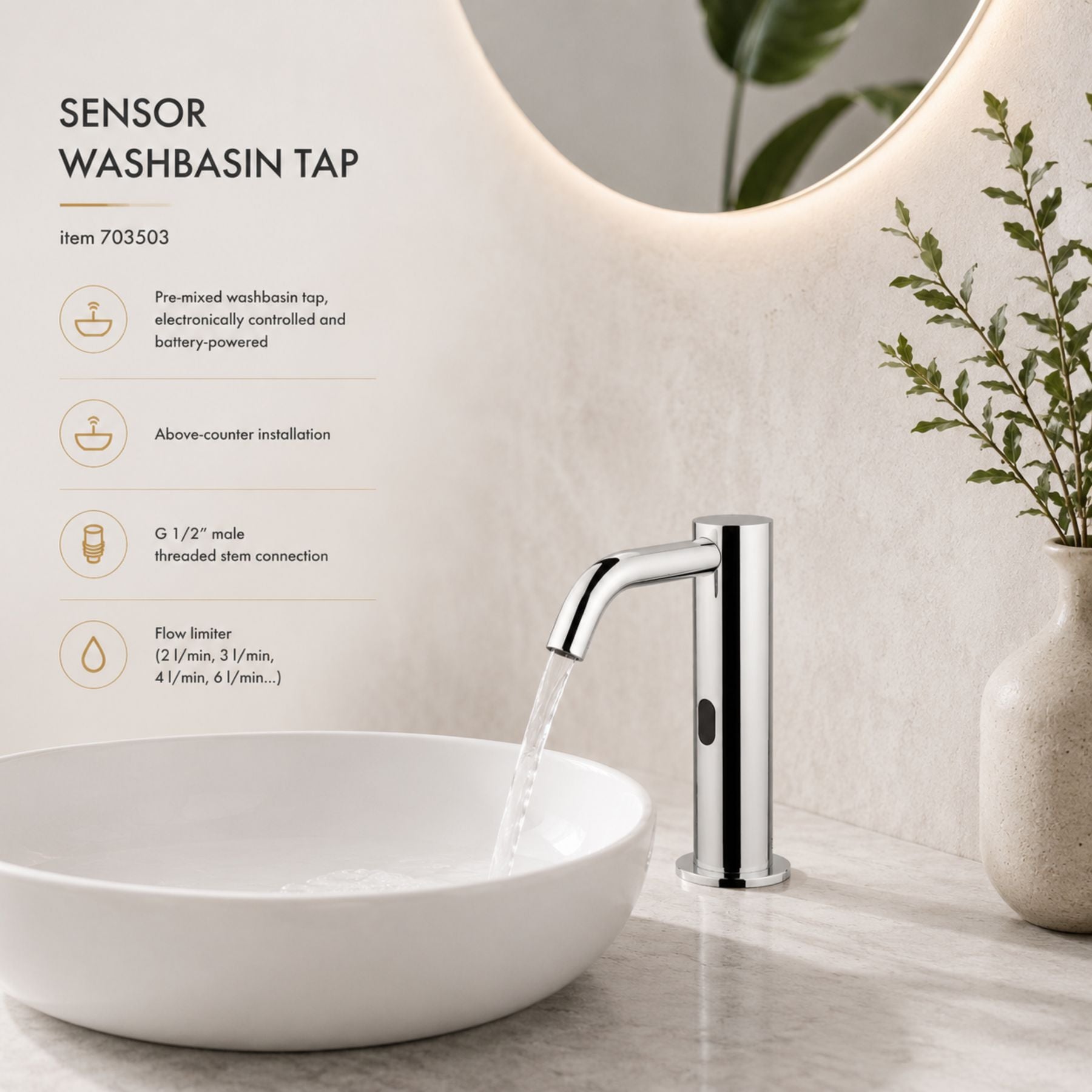 703503 electronic pre-mixed washbasin tap with battery-powered operation, above-counter installation, G 1/2” threaded connection & adjustable flow limiter for efficient water control.