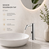 703503 electronic pre-mixed washbasin tap with battery-powered operation, above-counter installation, G 1/2” threaded connection & adjustable flow limiter for efficient water control.