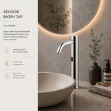 703508 electronic single-water basin tap with extended body and spout, mains-powered operation, G 1/2” threaded stem connection, and adjustable flow limiter for efficient water management.
