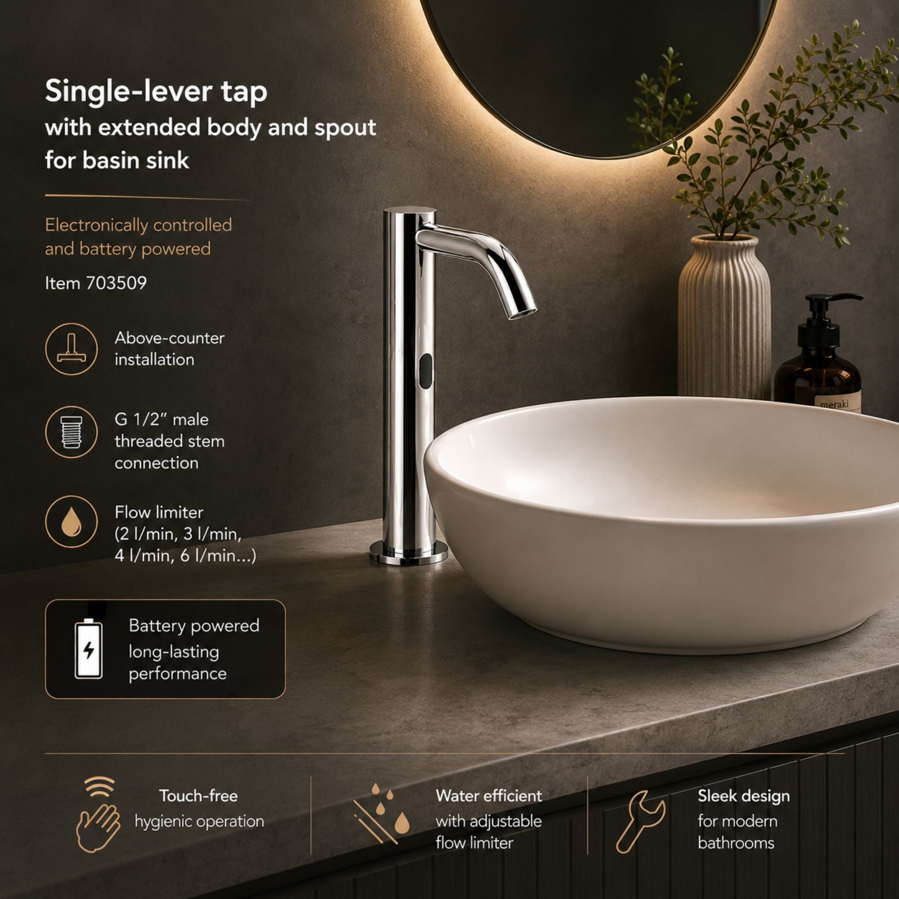 703509 electronic single-lever basin tap with extended body and spout, battery-powered operation, G 1/2” threaded connection, and adjustable flow limiter for efficient water control.