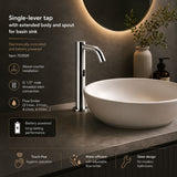 703509 electronic single-lever basin tap with extended body and spout, battery-powered operation, G 1/2” threaded connection, and adjustable flow limiter for efficient water control.