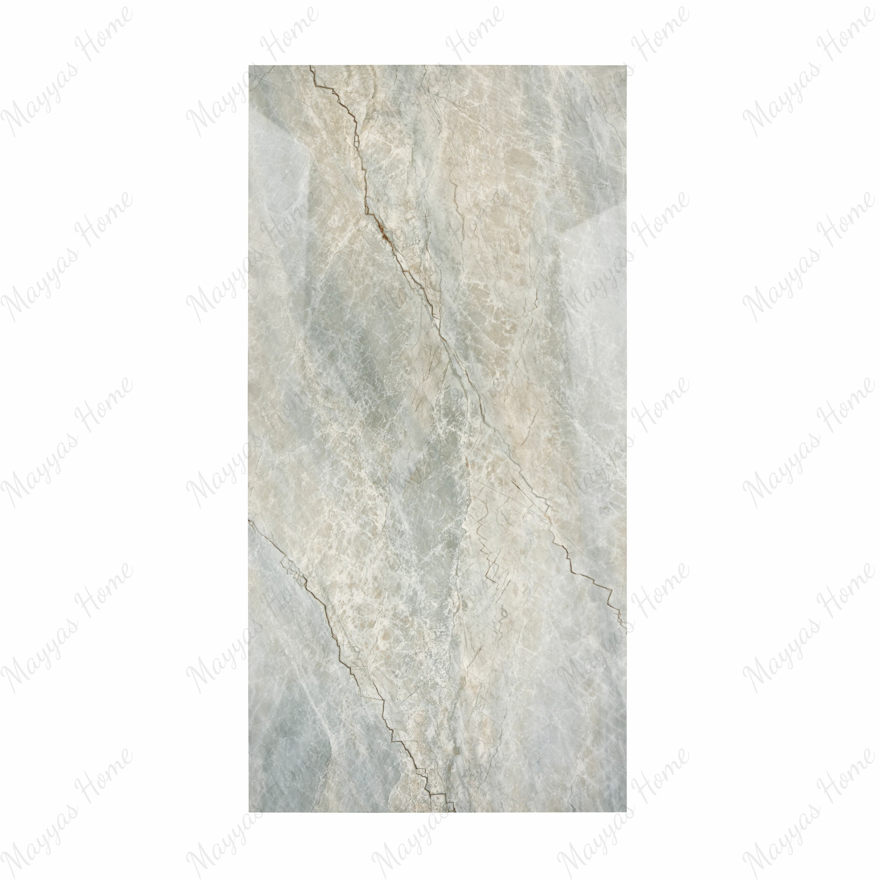 Aurora Aqua Onyx porcelain slab displayed on easel against luxury backdrop showing soft aqua quartzite with beige veining for UAE interior design