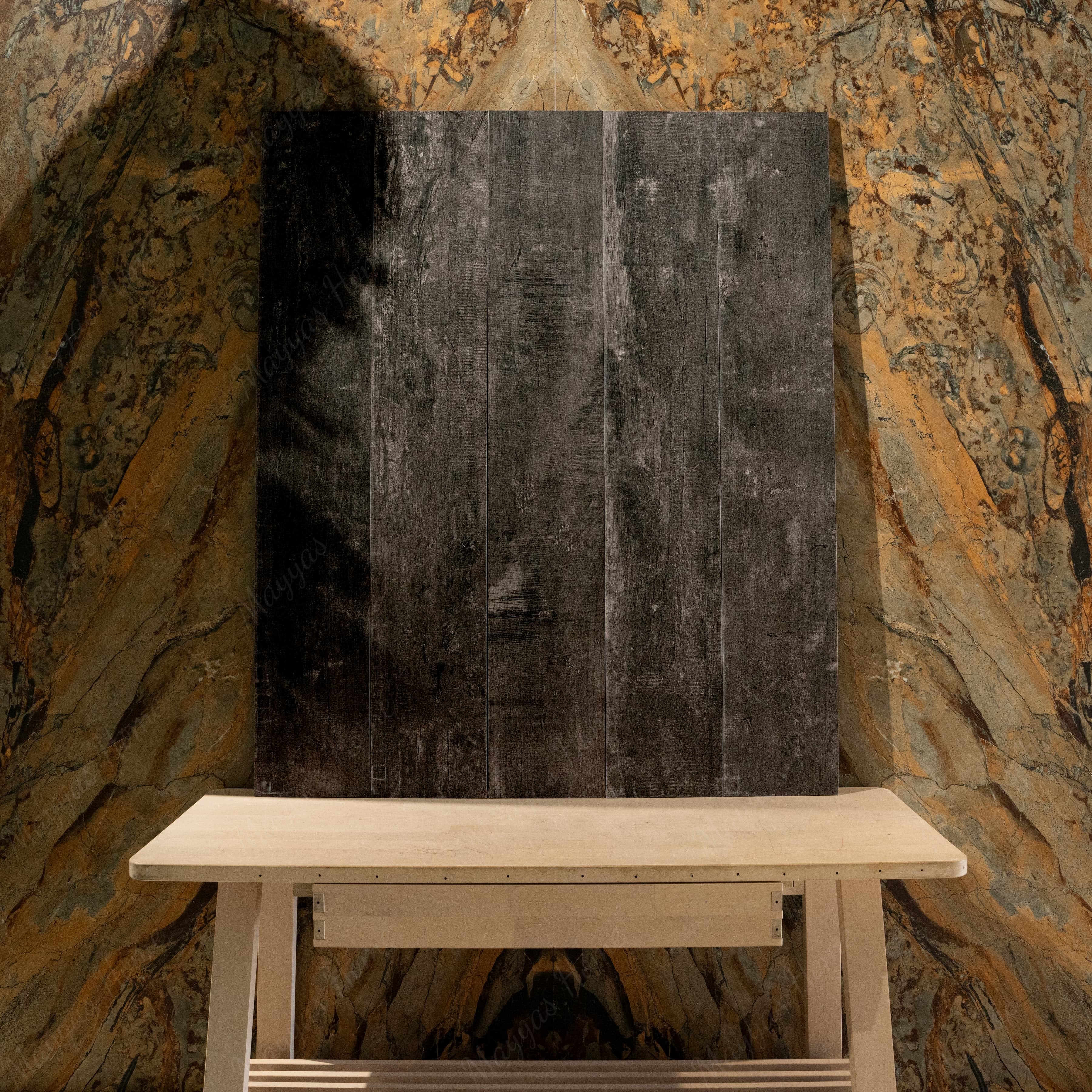 Textured black porcelain wood-look tile ideal for feature walls and flooring