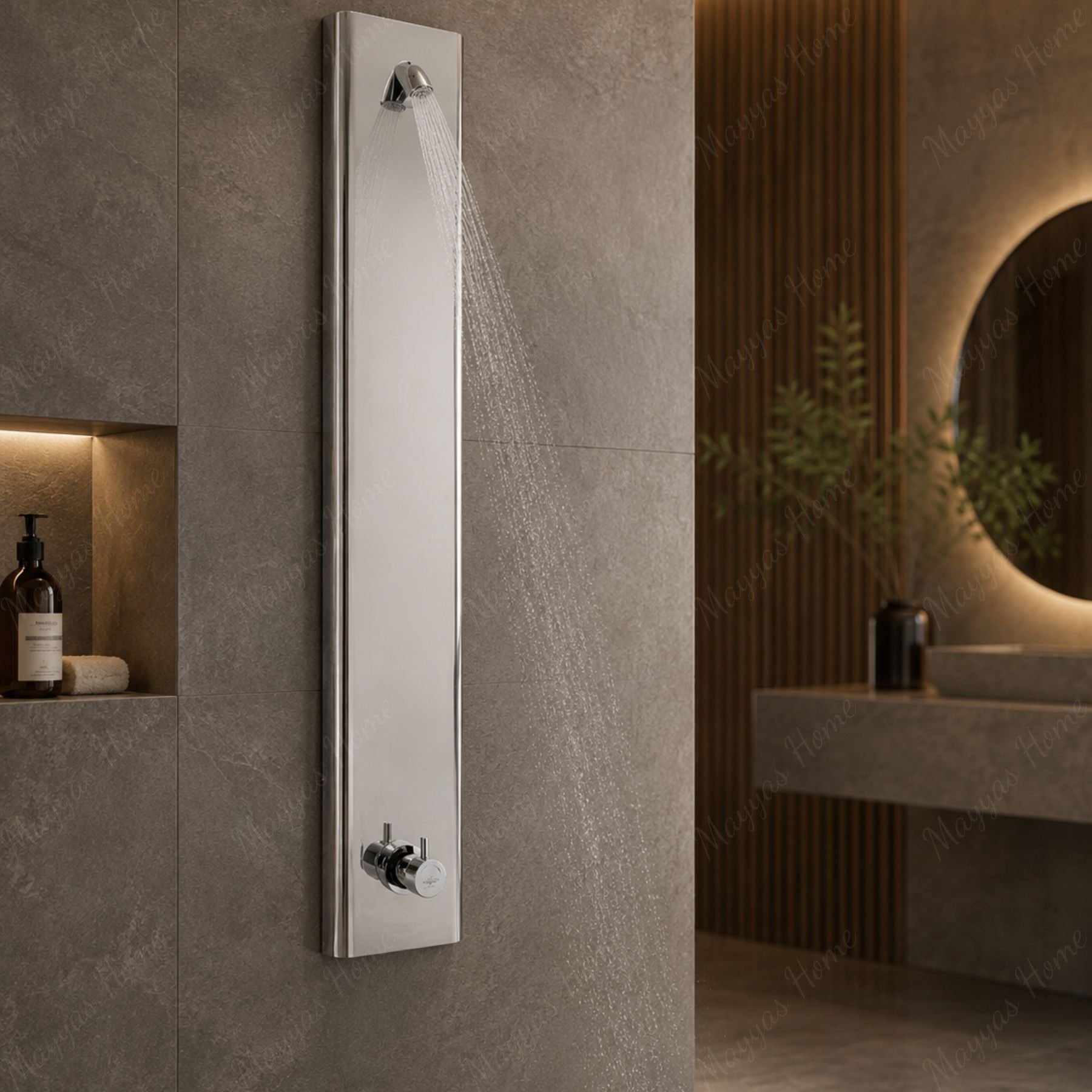 AISI 304 stainless steel shower panel with 15–25 second timed mixer tap, anti-hanging shower head and anti-vandal design for commercial facilities in UAE.