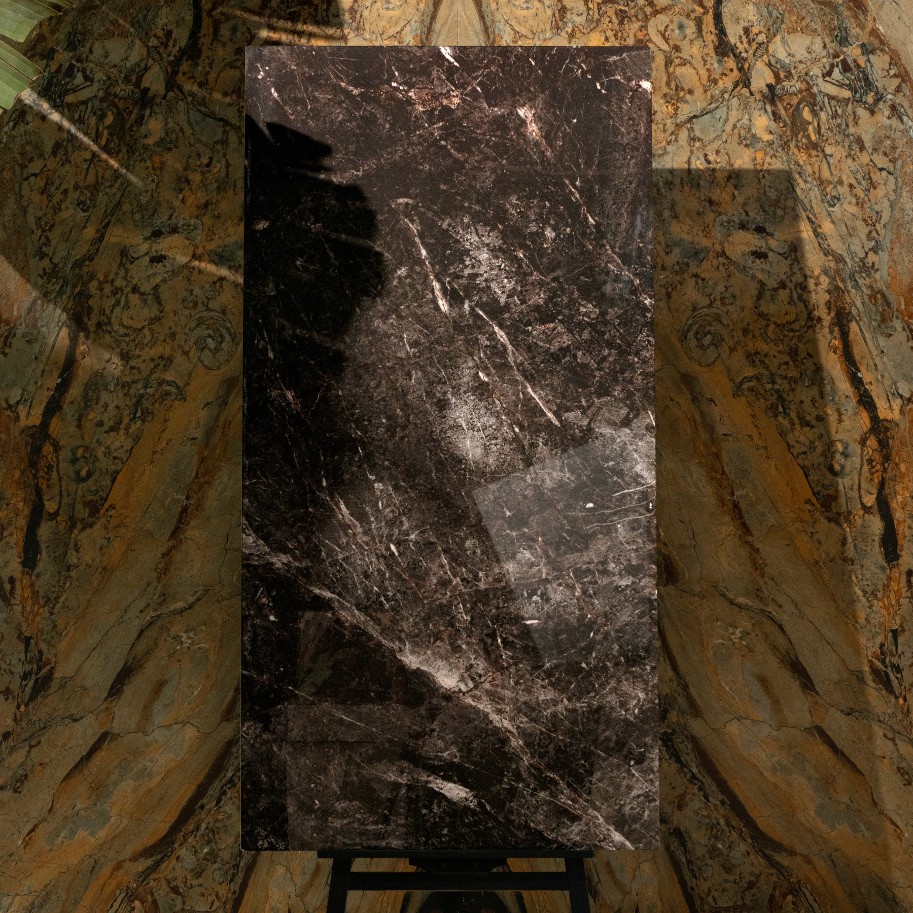 Africano Nero 80x160cm high glossy porcelain tile, 09mm thick with bold black stone veining. Adds luxury, depth, and elegance to modern interiors.