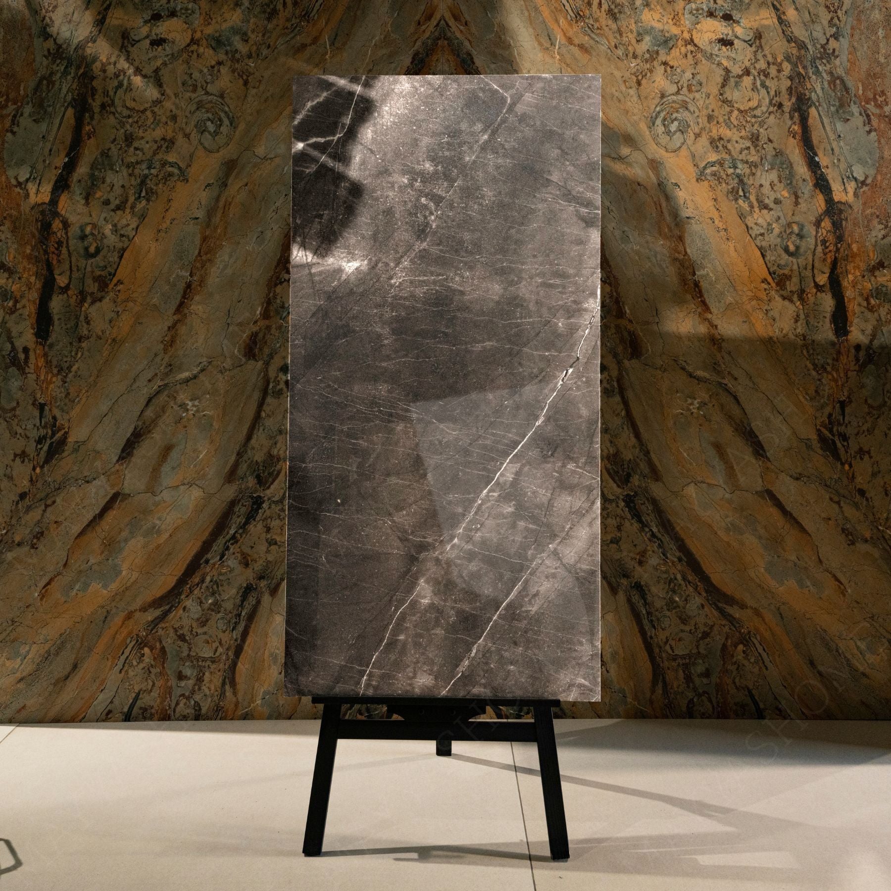 Armani Grey glossy marble effect porcelain tile 60x120cm with 9mm thickness features elegant grey tones and polished luxury finish.