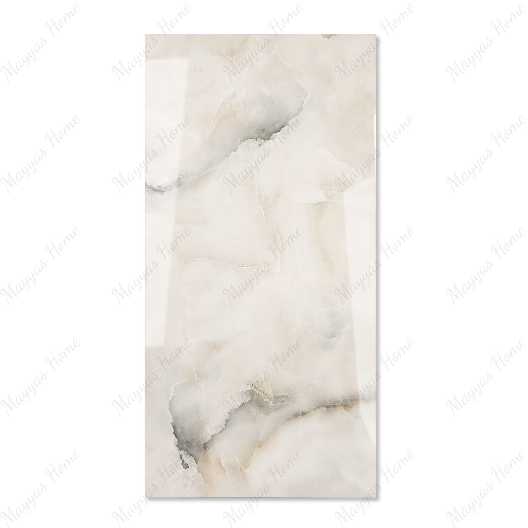 Aurora Pearl glossy marble porcelain tile 60x120cm with 9mm thickness features soft pearl tones, subtle veining and polished finish.