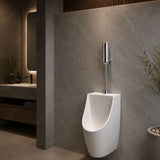 Battery-powered electronic urinal flush valve with chrome finish and external wall installation. Touchless solution for hygienic UAE washrooms.