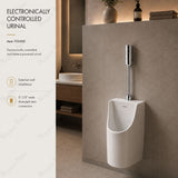 Battery-powered electronic urinal flush valve with chrome finish and external wall installation. Touchless solution for hygienic UAE washrooms.