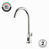 Battery-powered sensor mixer tap with swivel spout, chrome finish and water-saving flow control. Ideal for hygienic commercial and residential washrooms.