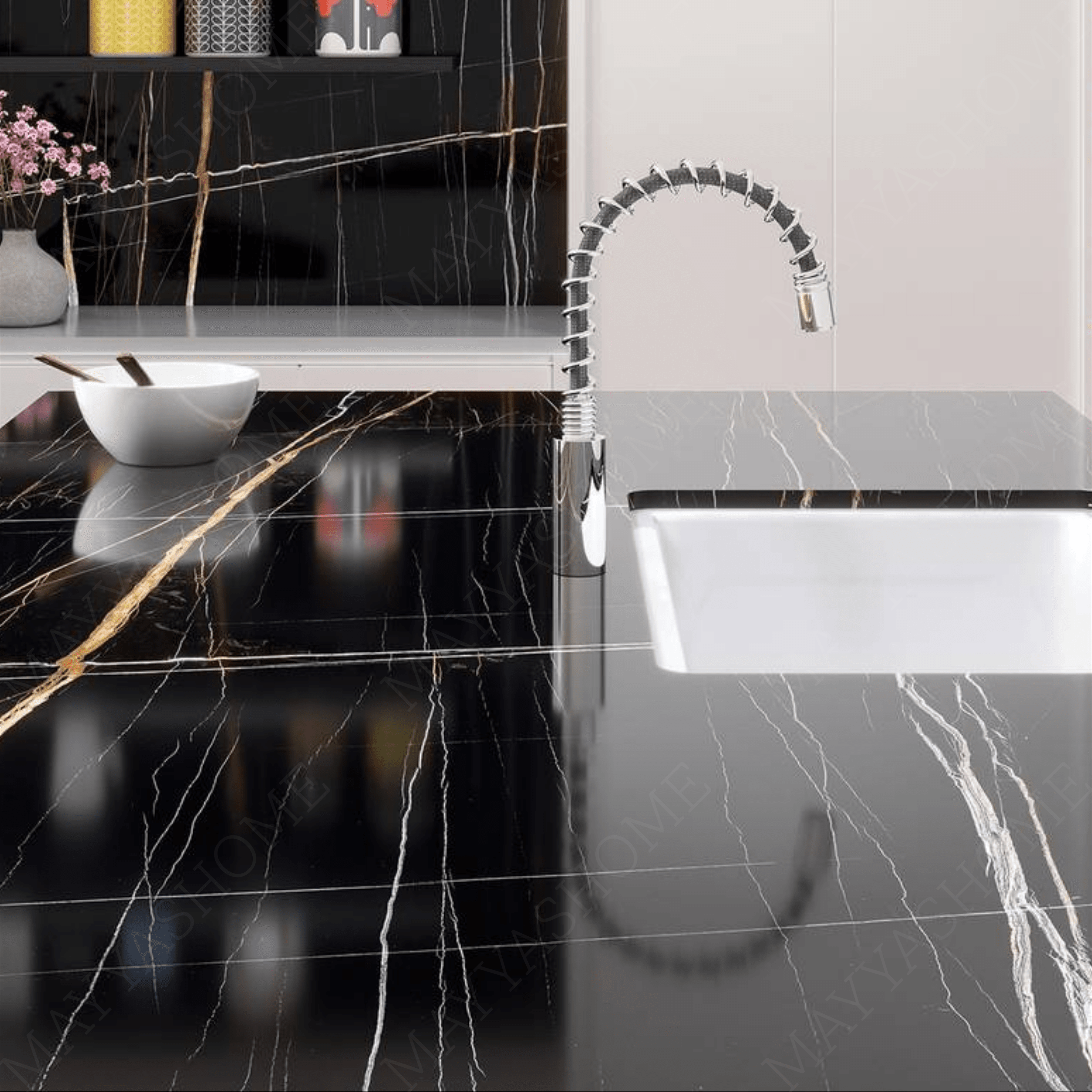 Black Beauty 120x240cm high glossy tile with rich black tones and elegant veining. Perfect for luxury interiors, feature walls, and modern spaces.