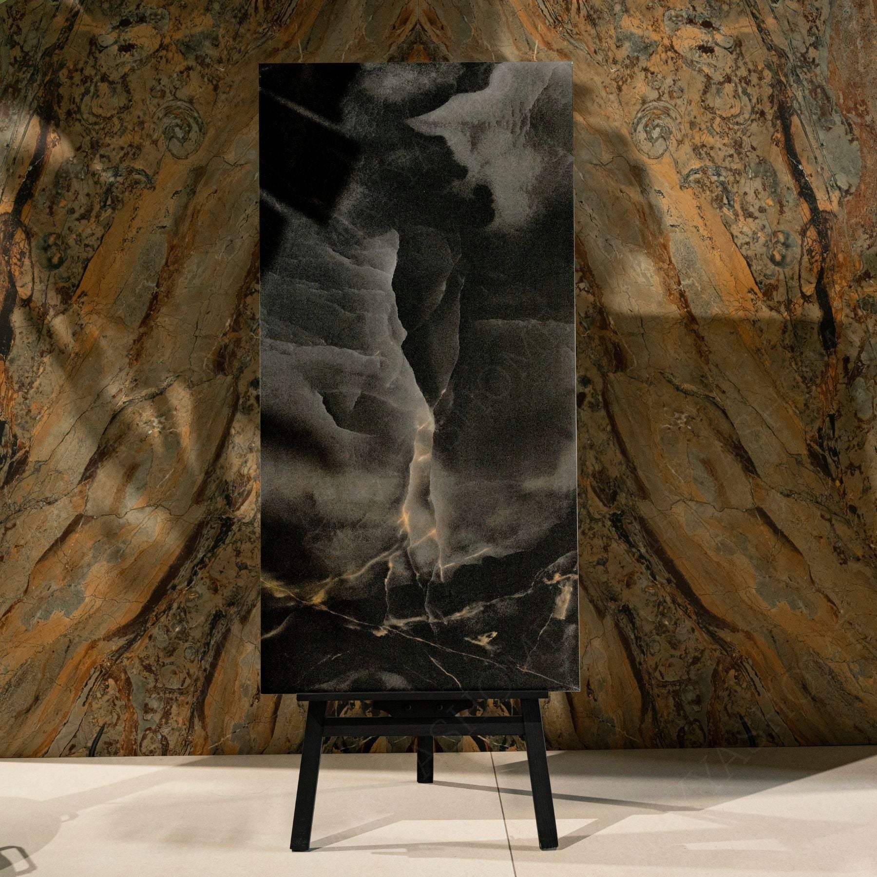 Black Onyx Panther porcelain tile 60x120cm features a bold marble look with deep black tones, premium finish, high durability for floors and walls.