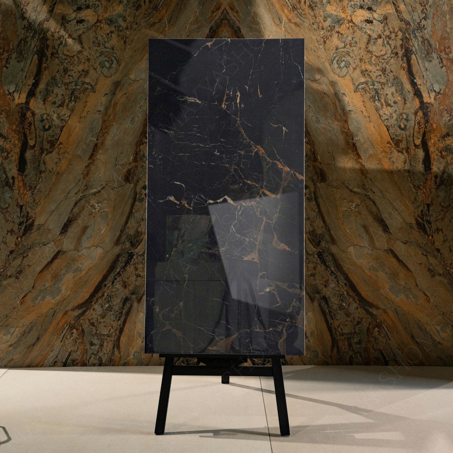 Black Wonder glossy marble effect porcelain tile 60x120cm with 9mm thickness features deep black base and polished luxury finish.