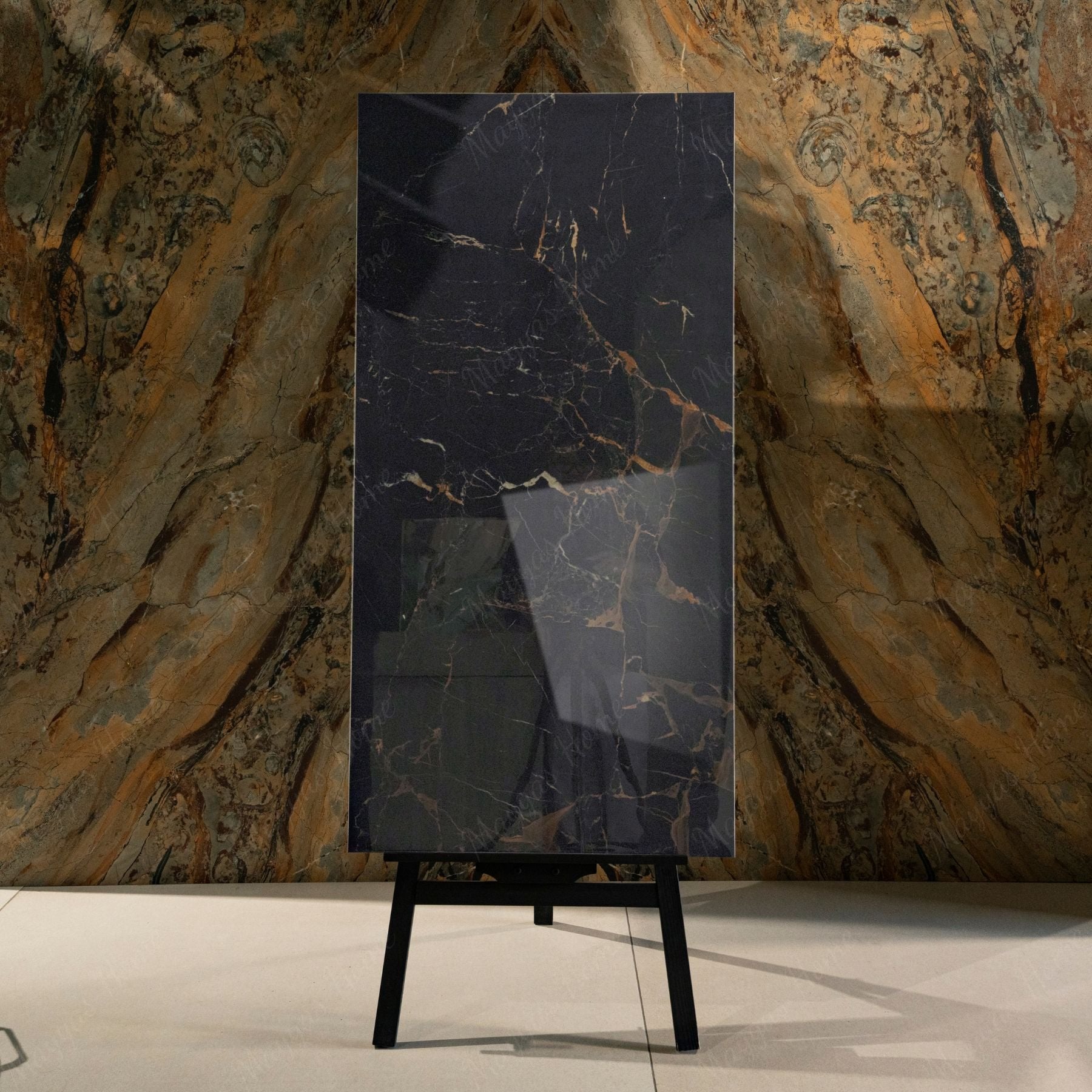 Black Wonder glossy marble effect porcelain tile 60x120cm with 9mm thickness features deep black base and polished luxury finish.