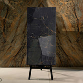 Black Wonder glossy marble effect porcelain tile 60x120cm with 9mm thickness features deep black base and polished luxury finish.
