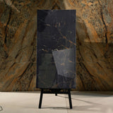 Black Wonder glossy marble effect porcelain tile 60x120cm with 9mm thickness features deep black base and polished luxury finish.