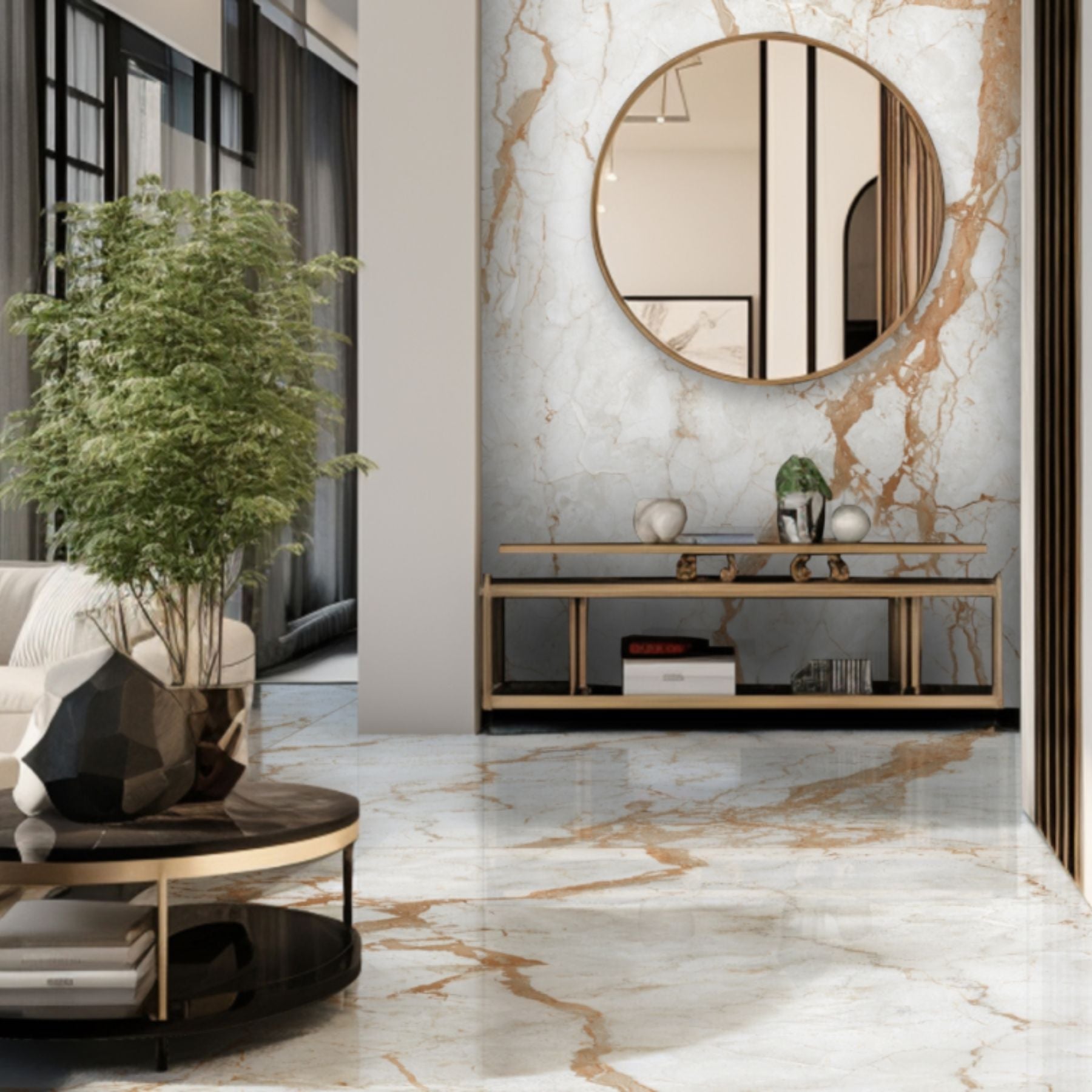 Breccia Arancia polished porcelain tile in 120x280cm with 6mm thickness. Extra-large floor and wall tile for premium residential and commercial interiors.