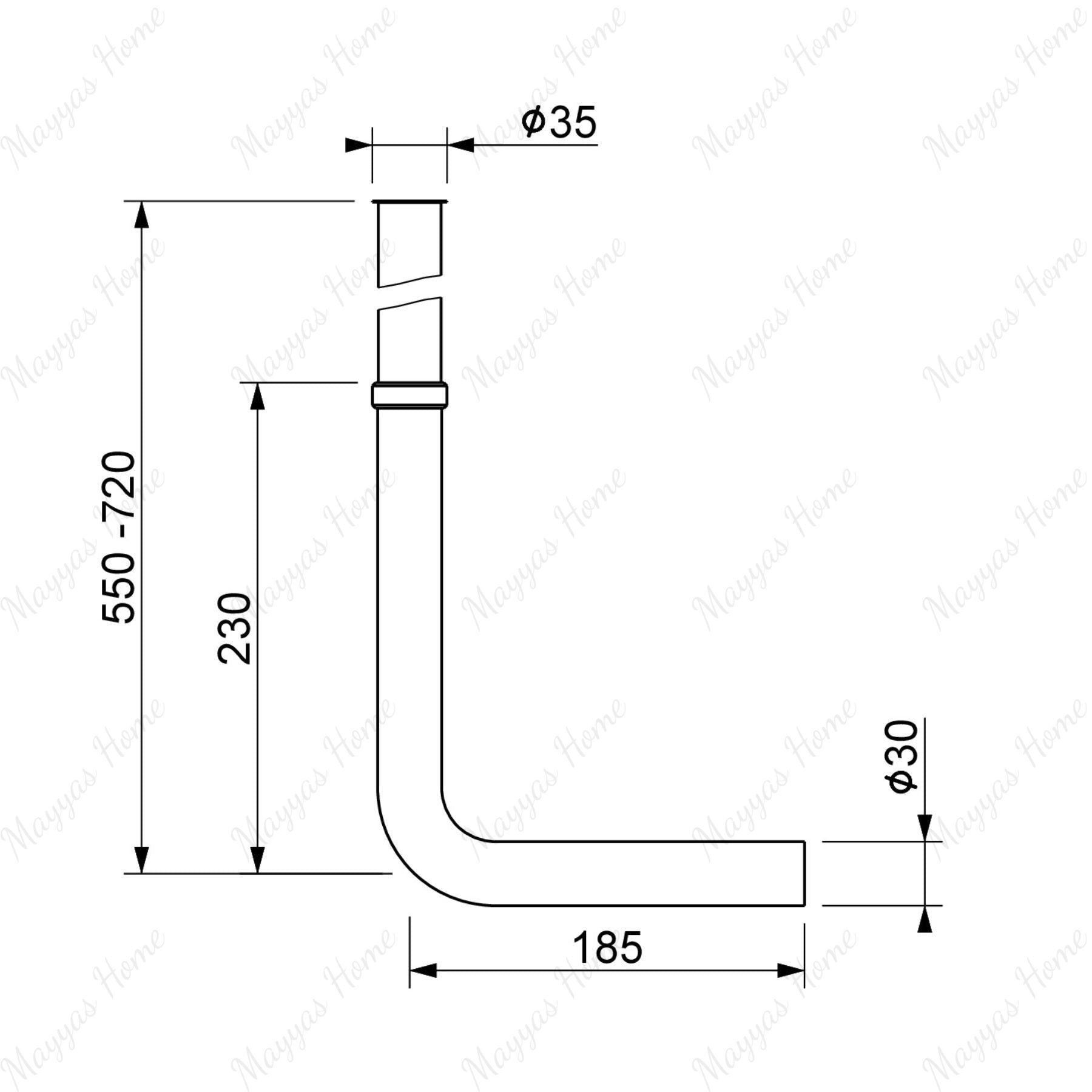 Built-in telescopic L-shaped exhaust pipe with Ø30mm outlet for concealed plumbing. Ideal for commercial, hospitality and residential bathroom projects in UAE.