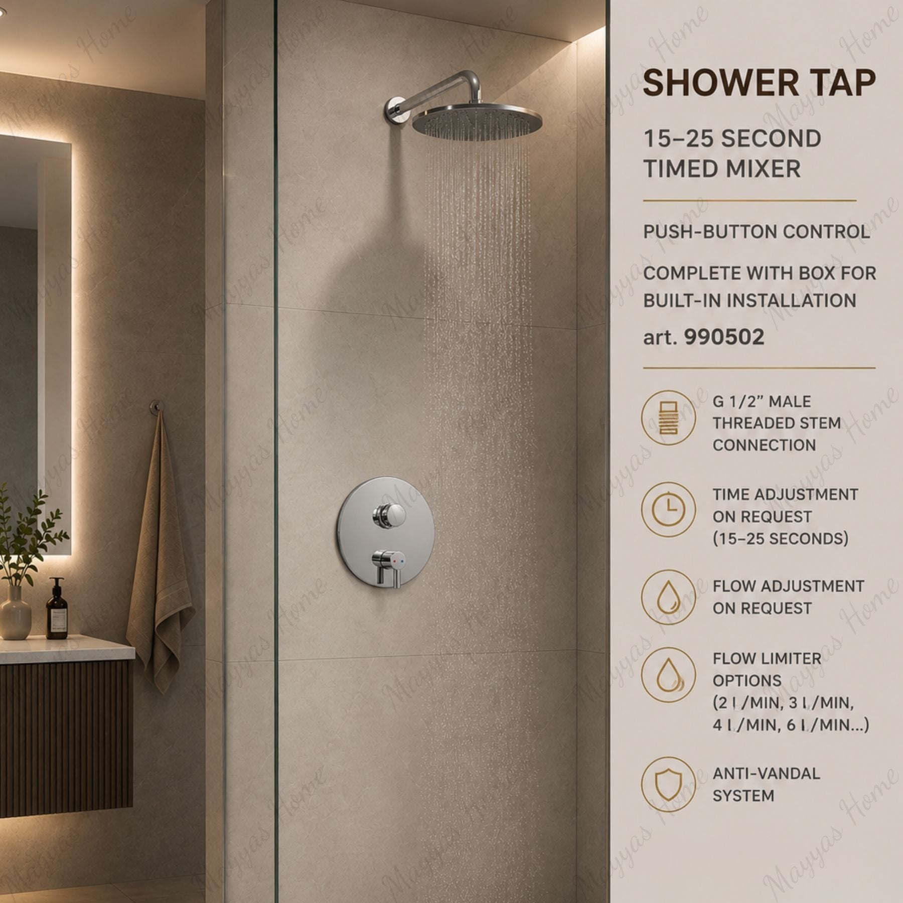 Built-in timed shower mixer tap with 15–25 second push-button control, installation box and anti-vandal protection. Ideal for UAE commercial, hospitality and public shower facilities.