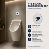 Built-in timed urinal tap with 4–6 second flush cycle and push-button control. Ideal for commercial, healthcare and public washroom projects in UAE.
