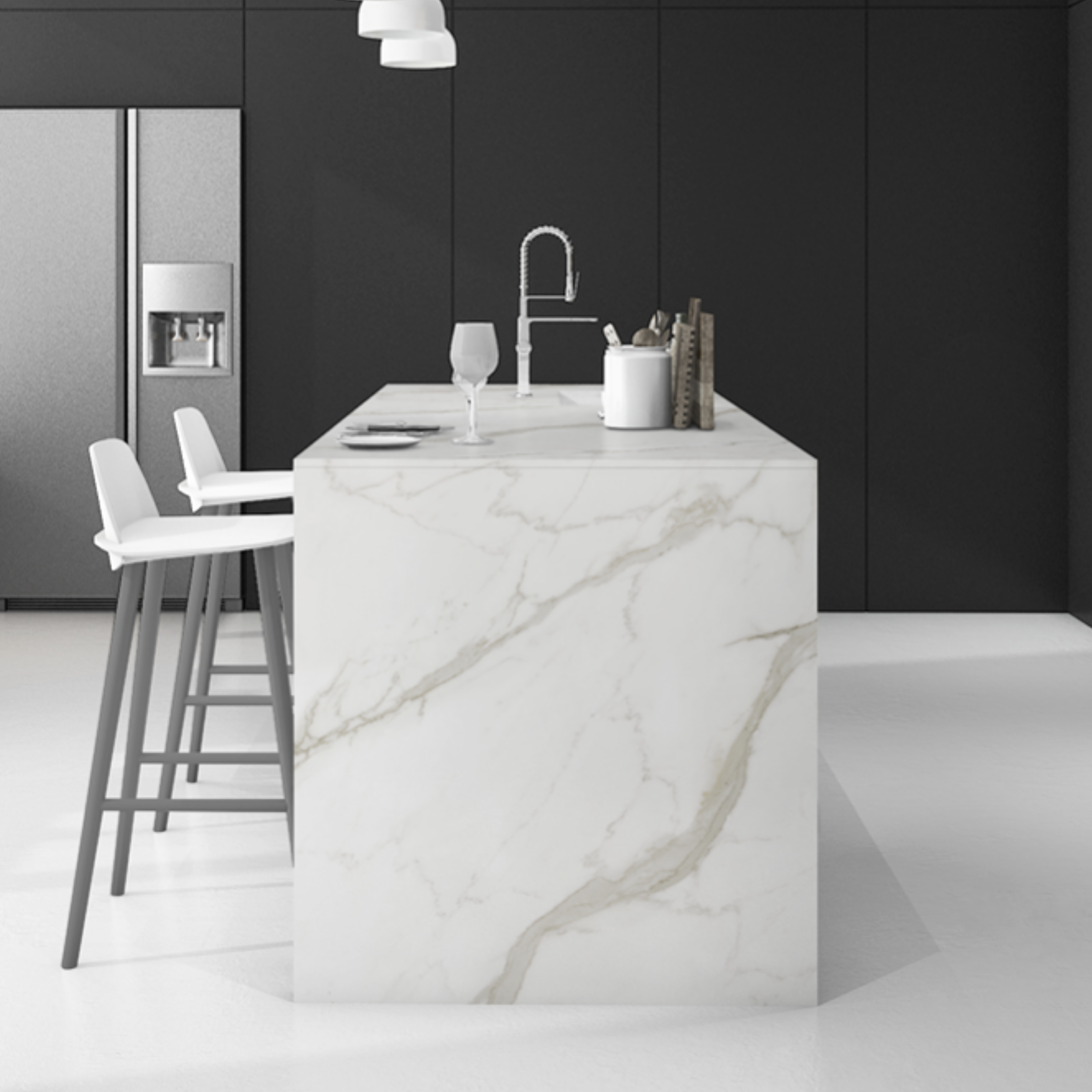 CALACUTTA EXTRA 120x278cm marble look tile in glossy finish with refined veining. A premium large format tile for elegant interiors.