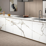 Calacatta Gold white glossy porcelain tile with elegant gold marble-look veining