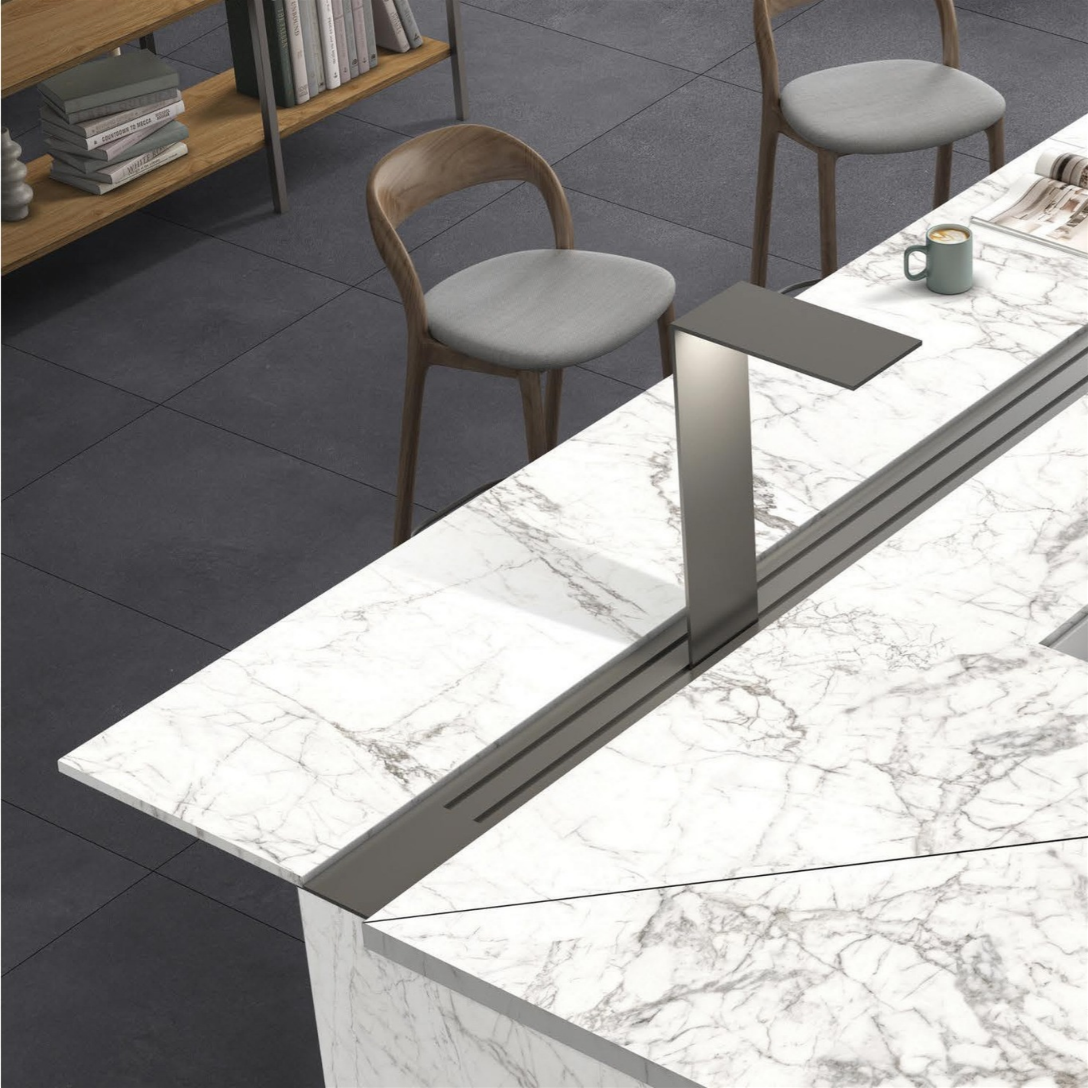 Calacatta White glossy porcelain tile with elegant grey and gold marble-look veining