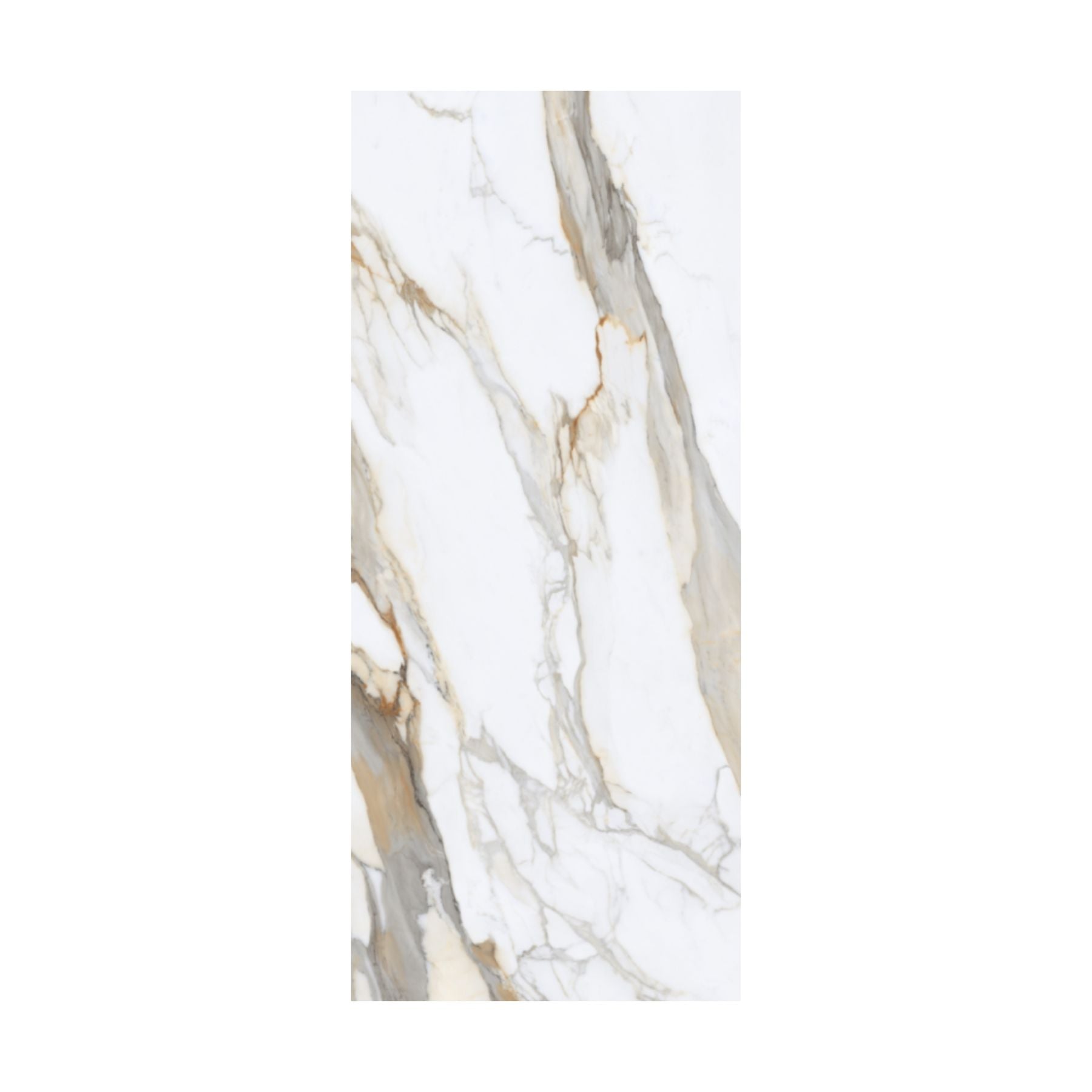 Calacatta Royal bookmatch porcelain slab in 120x280cm with 6mm thickness, featuring polished A & B patterns for luxury marble-look walls, floors and interiors.