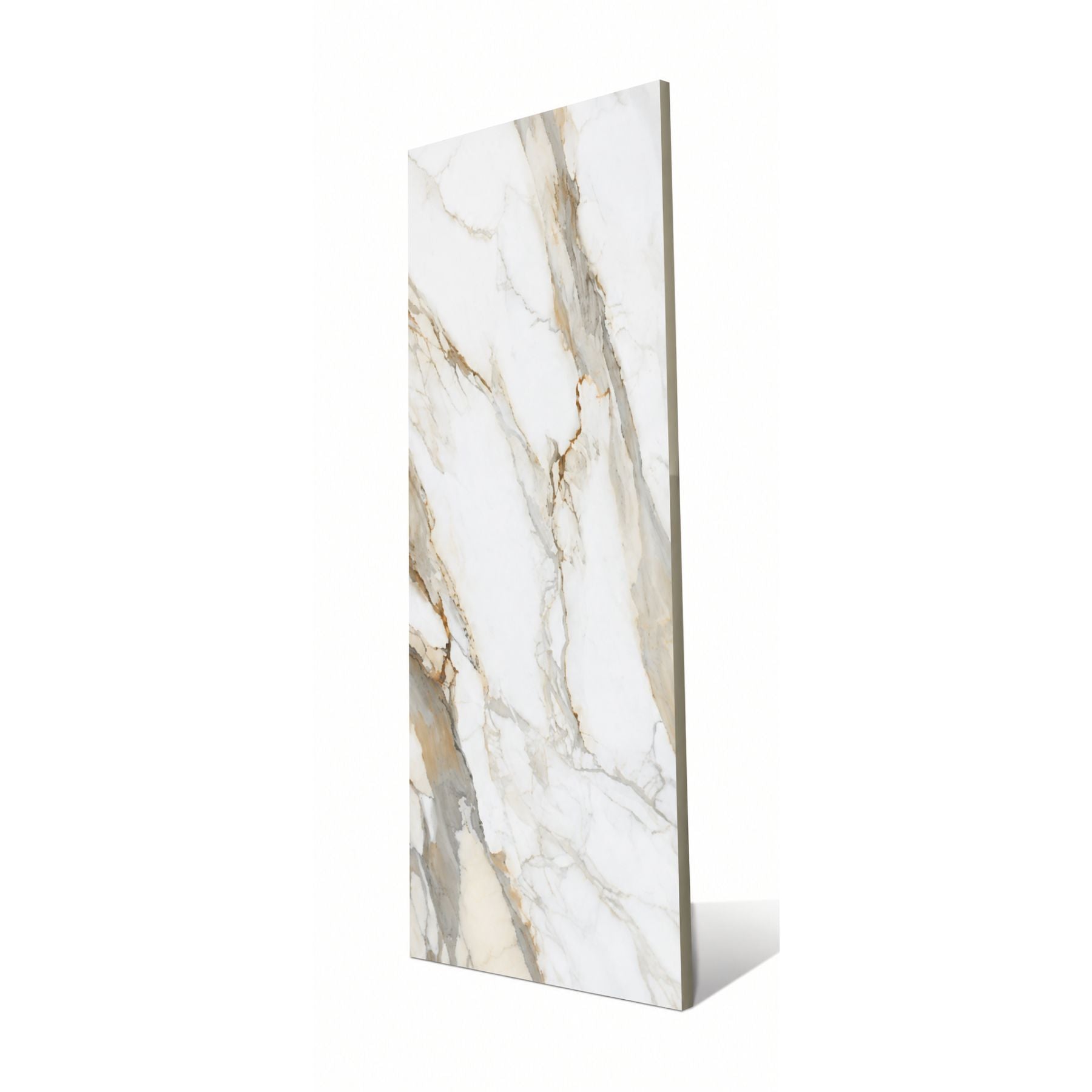 Calacatta Royal bookmatch porcelain slab in 120x280cm with 6mm thickness, featuring polished A & B patterns for luxury marble-look walls, floors and interiors.