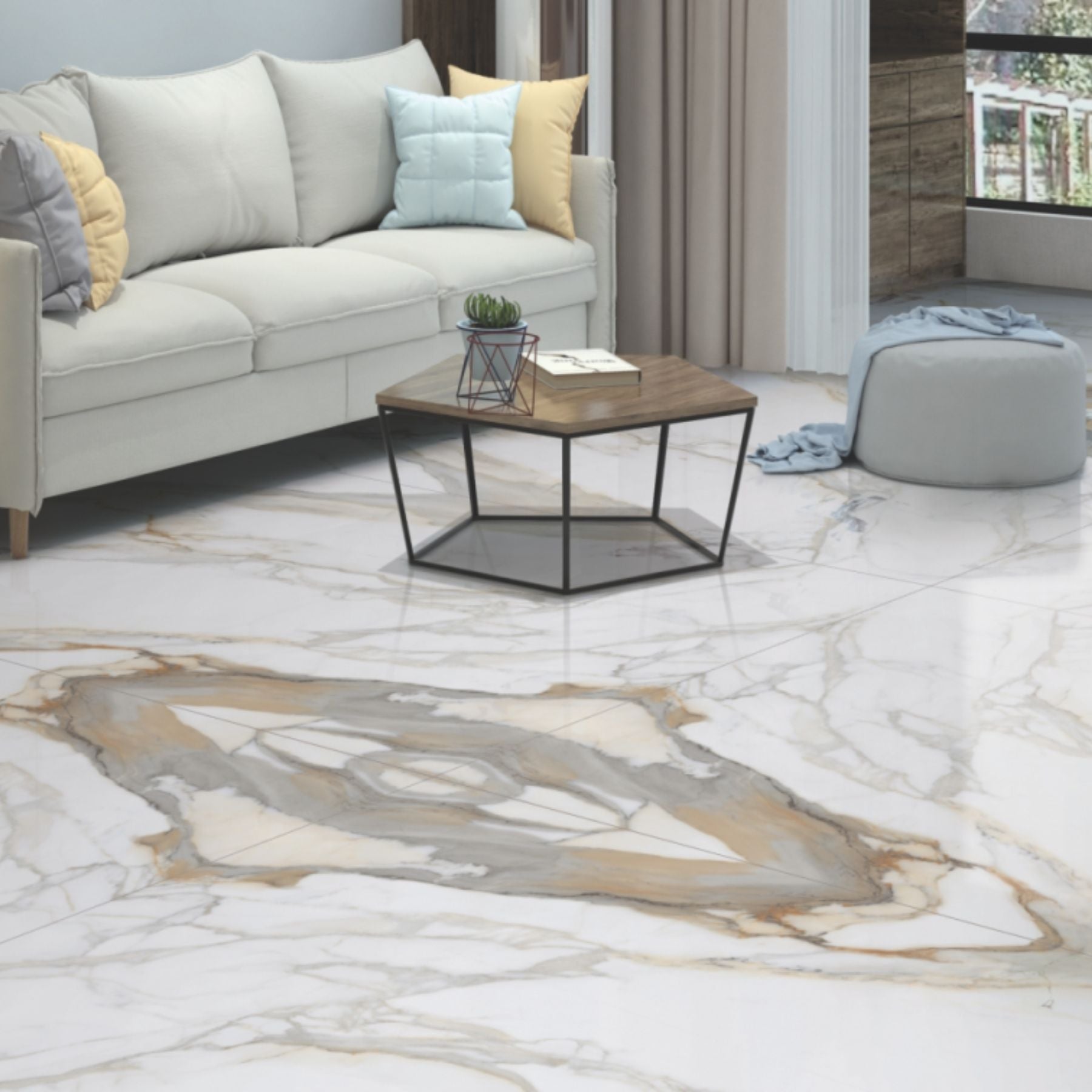 Calacatta Royal bookmatch porcelain slab in 120x280cm with 6mm thickness, featuring polished A & B patterns for luxury marble-look walls, floors and interiors.