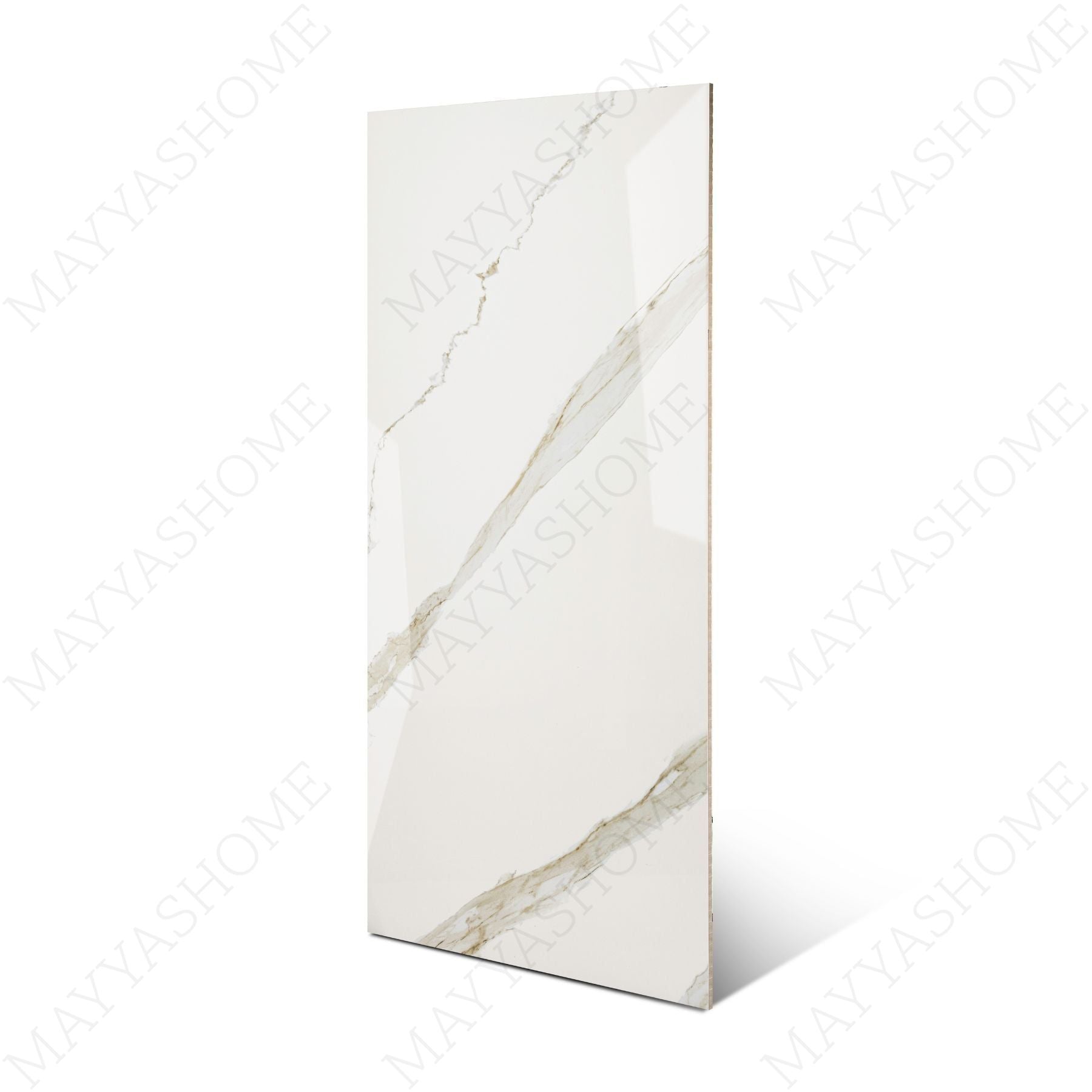 Calcatta Noir glossy marble effect porcelain tile 60x120cm with 9mm thickness features white base, bold black veining and polished finish.
