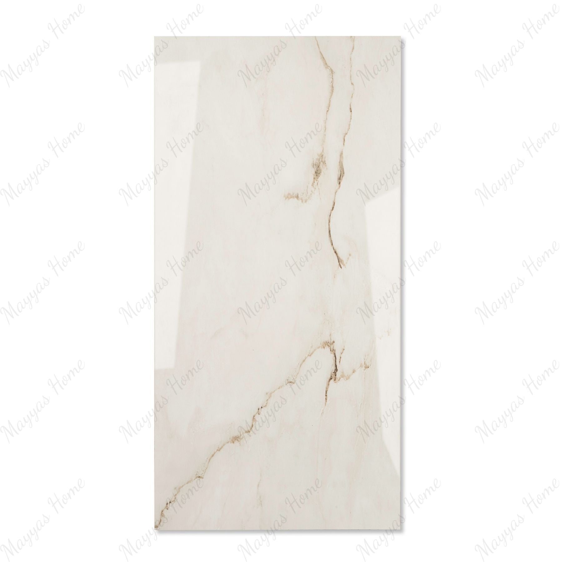 Calcutta Bianco Oro glossy marble porcelain tile 60x120cm with 9mm thickness features white base, gold and grey veining with polished finish.