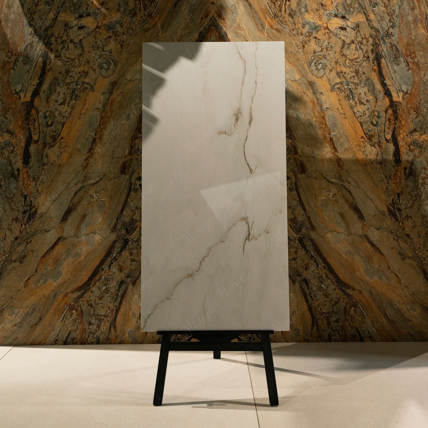 Calcutta Bianco Oro glossy marble porcelain tile 60x120cm with 9mm thickness features white base, gold and grey veining with polished finish.