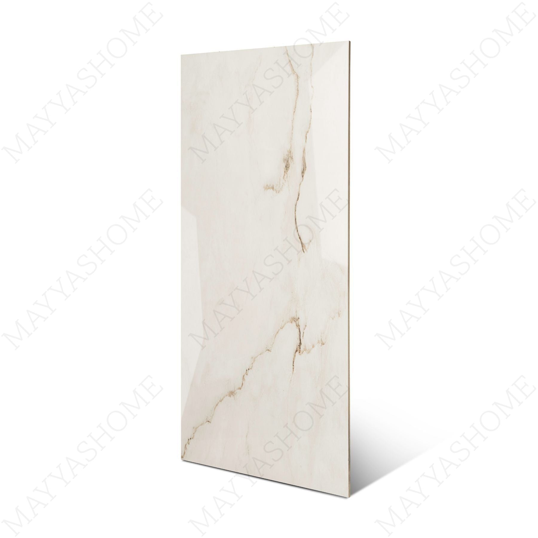Calcutta Bianco Oro glossy marble porcelain tile 60x120cm with 9mm thickness features white base, gold and grey veining with polished finish.