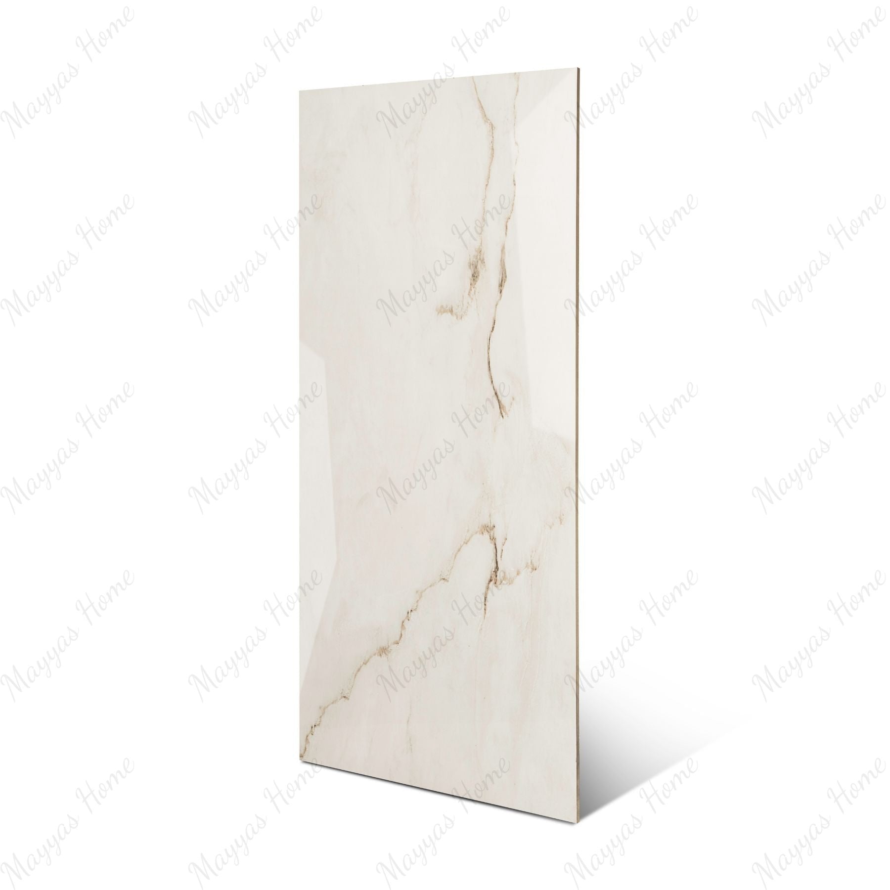 Calcutta Bianco Oro glossy marble porcelain tile 60x120cm with 9mm thickness features white base, gold and grey veining with polished finish.