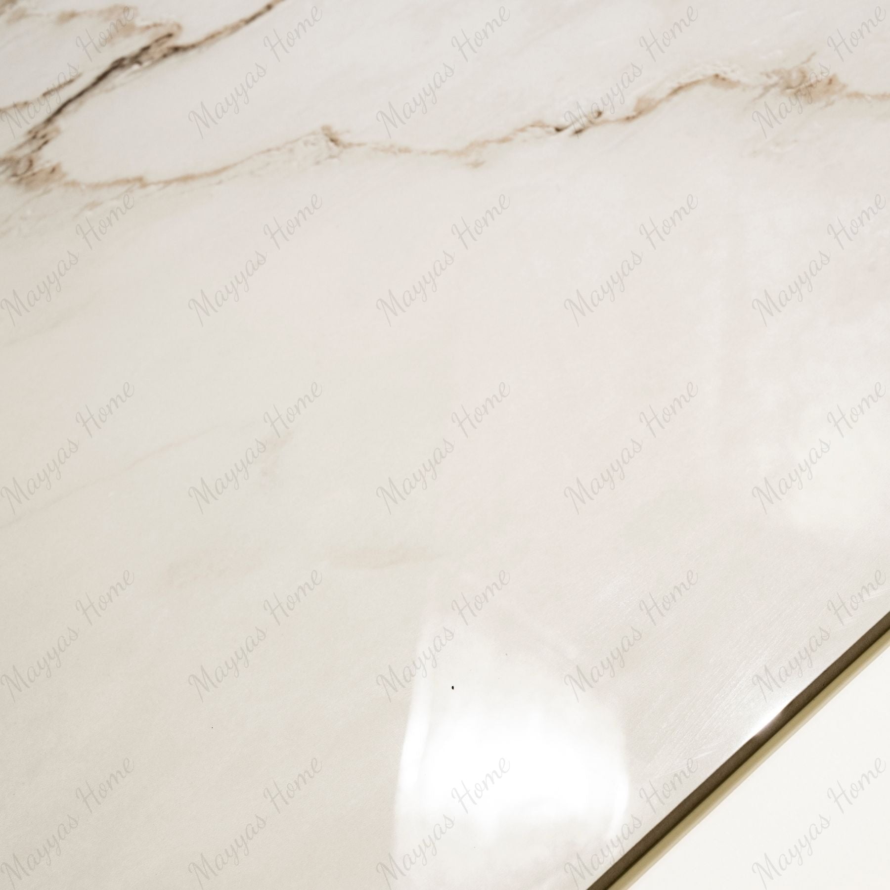 Calcutta Bianco Oro glossy marble porcelain tile 60x120cm with 9mm thickness features white base, gold and grey veining with polished finish.