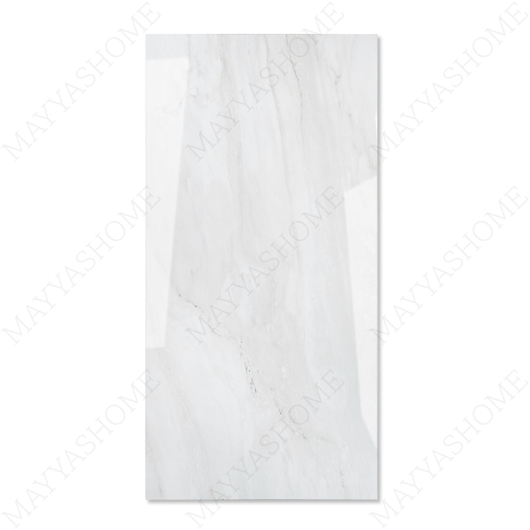 Celeste White glossy marble effect porcelain tile 60x120cm with 9mm thickness features bright white base, soft grey veins and polished finish.
