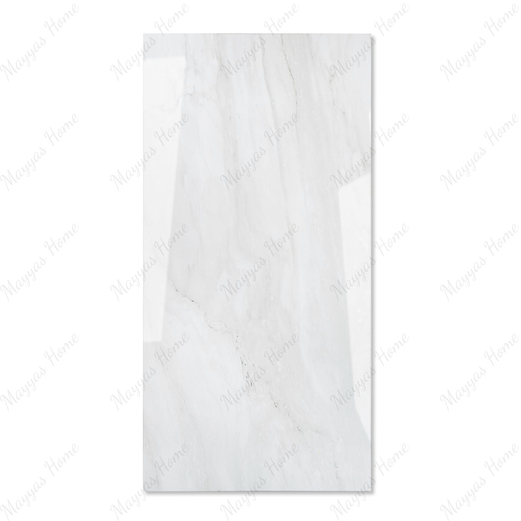 Celeste White glossy marble effect porcelain tile 60x120cm with 9mm thickness features bright white base, soft grey veins and polished finish.
