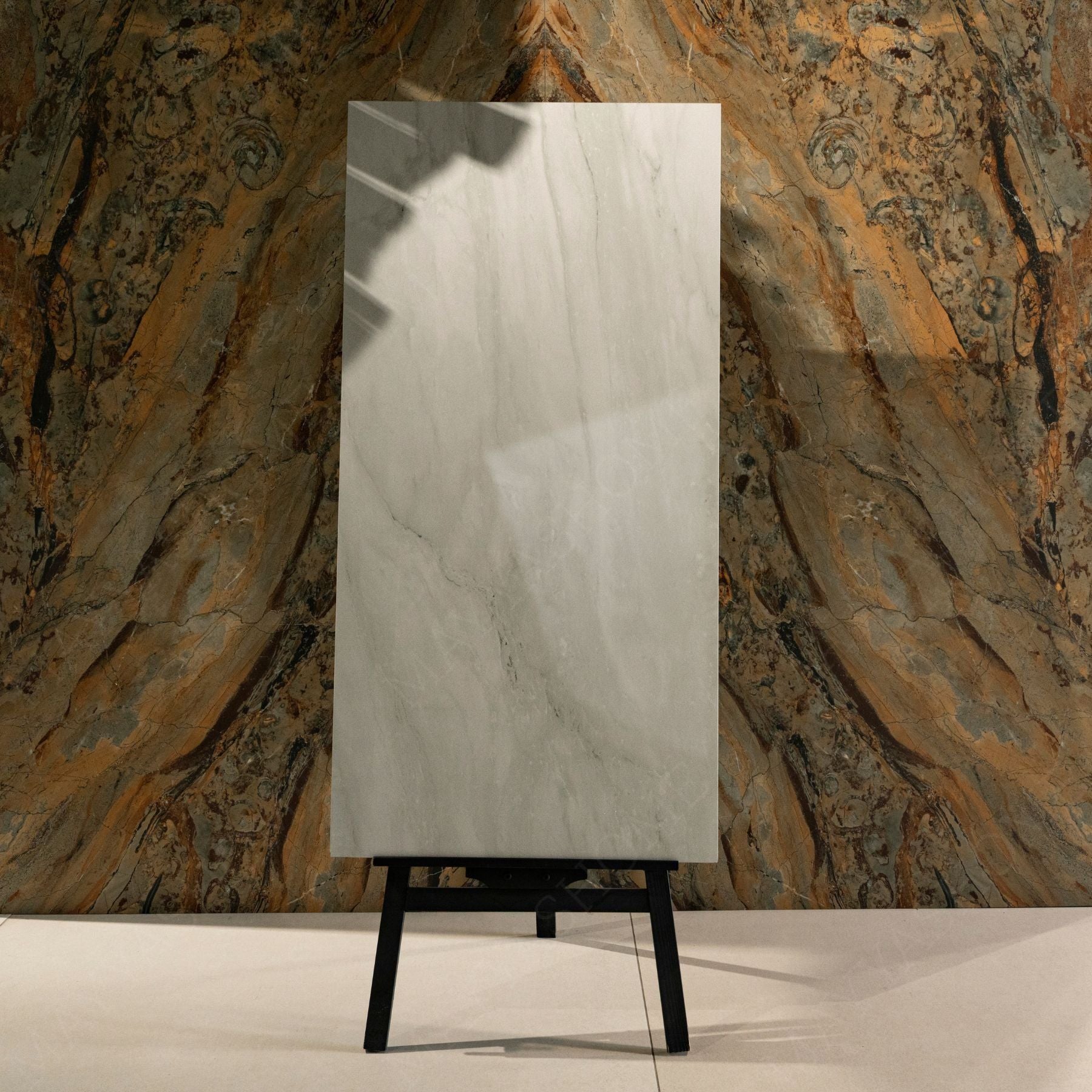 Celeste White glossy marble effect porcelain tile 60x120cm with 9mm thickness features bright white base, soft grey veins and polished finish.