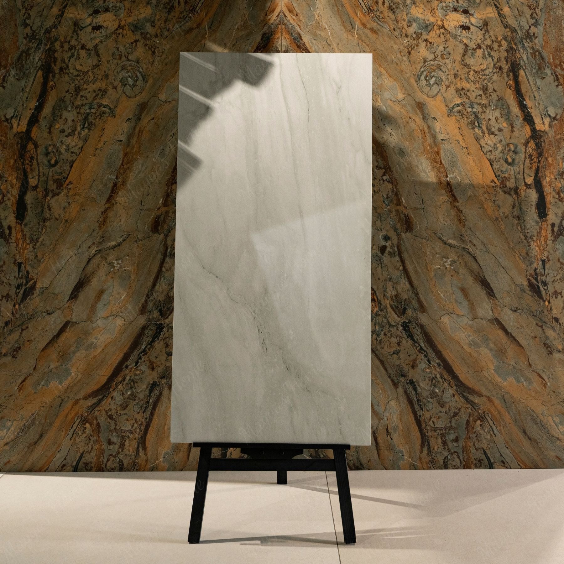 Celeste White glossy marble effect porcelain tile 60x120cm with 9mm thickness features bright white base, soft grey veins and polished finish.